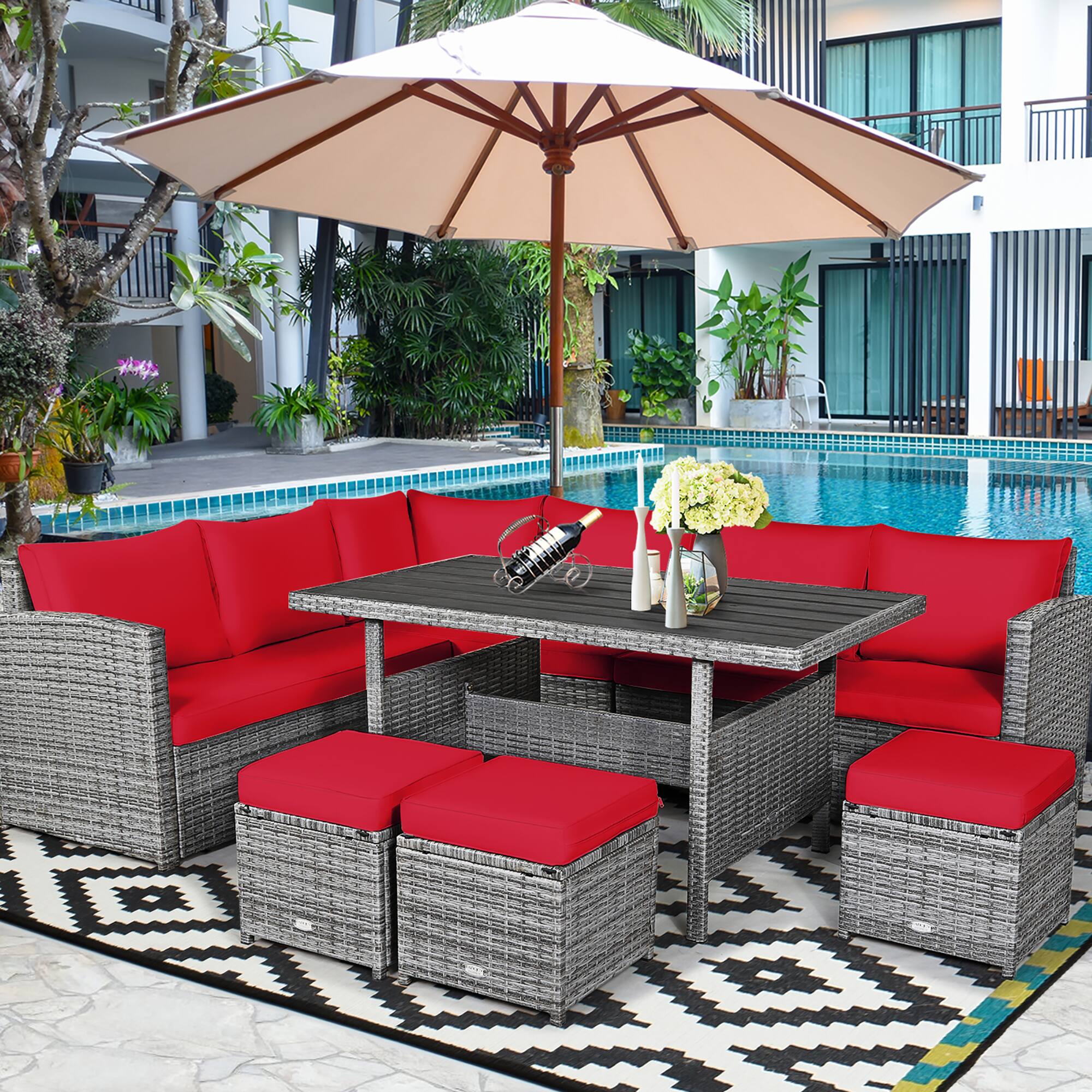 Alt View 1. Costway - 7 PCS Patio Rattan Dining Set Sectional Sofa Couch Ottoman Garden - Red.