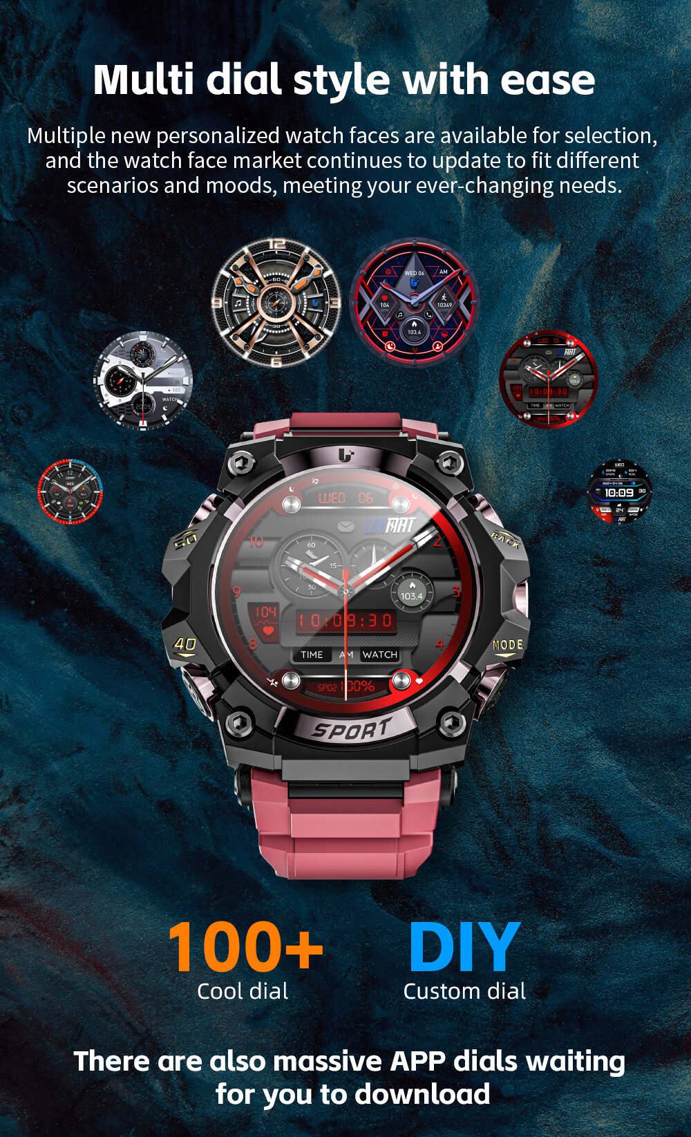 Multi dial style with ease

Multiple new personalized watch faces are available for selection, and the watch face market continues to update to fit different scenarios and moods, meeting your ever-changing needs.

100+ Cool dial DIY Custom dial

There are also massive APP dials waiting for you to download