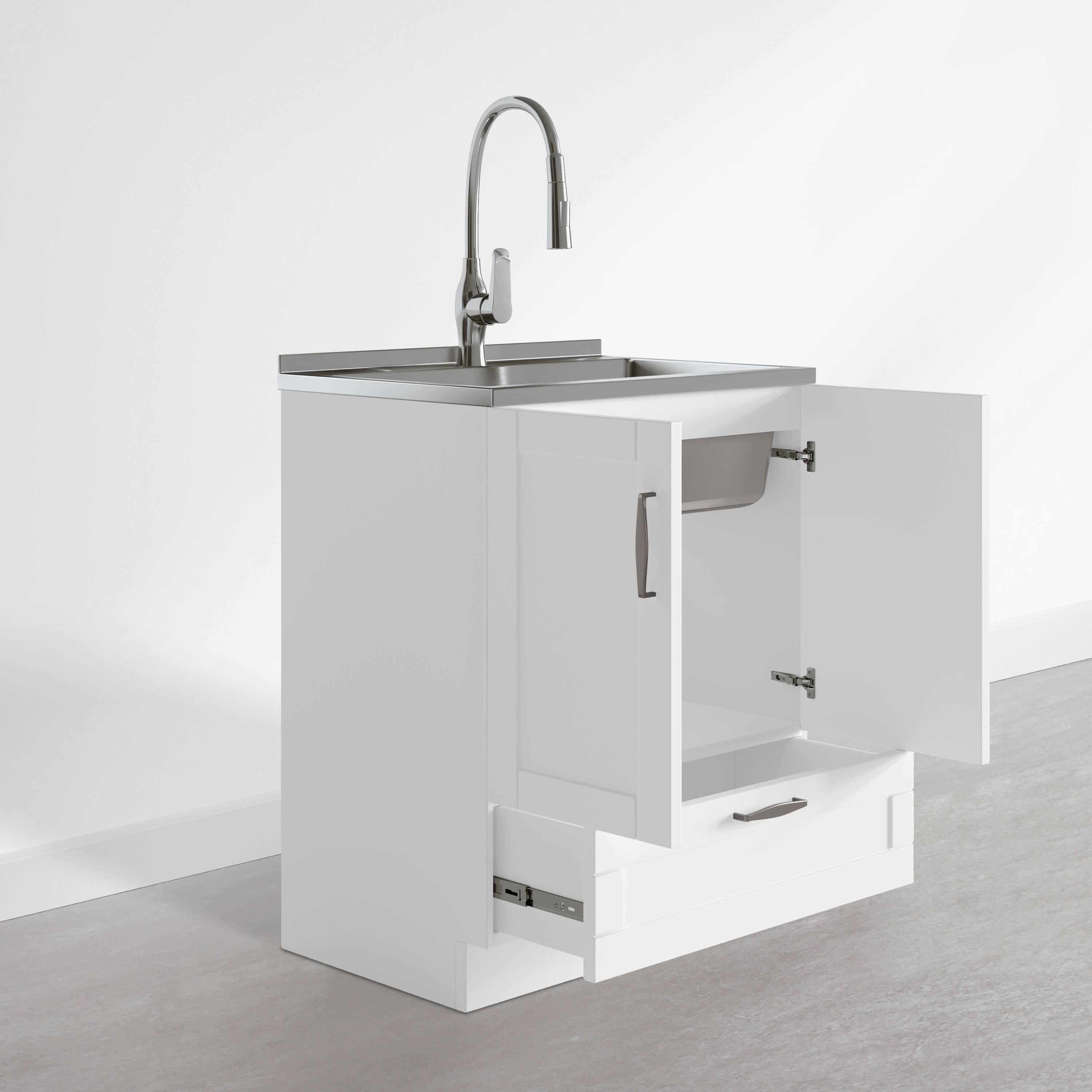 Left. Simpli Home - Reed 28 inch Wide Utility Sink and Laundry Cabinet, Glacier White Finish - Glacier White.