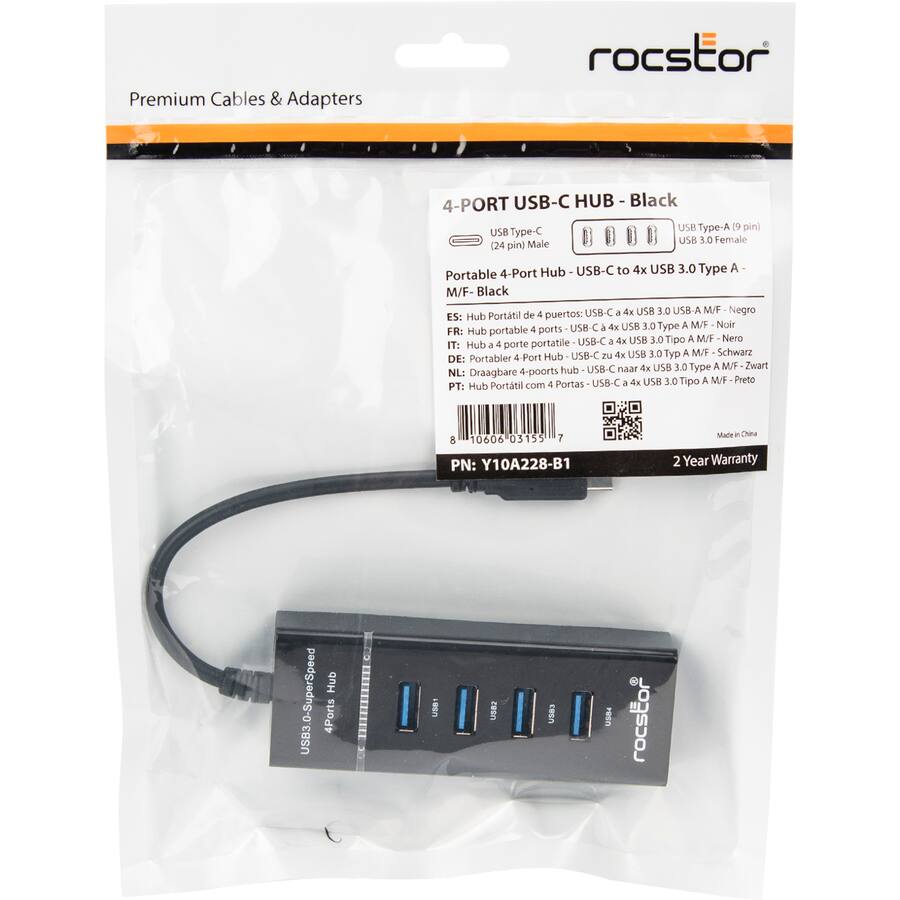 Premium Cables & Adapters

4-PORT USB-C HUB - Black

Portable 4-Port Hub - USB-C to 4x USB 3.0 Type A

M/F - Black

ES: Hub Portatil de 4 puertos: USB-C a 4x USB 3.0 Type A M/F - Negro  
FR: Hub portable 4 ports USB-C a 4x USB 3.0 Type A M/F - Noir  
IT: Hub a 4 porte portatile USB-C zu 4x USB 3.0 Typ A M/F - Nero  
DE: Portabler 4 Port Hub USB-C naar 4x USB 3.0 Type A M/F - Zwart  
NL: Draagbare 4-poorts hub USB-C a 4x USB 3.0 Tipo A M/F - Preto  
PT: Hub Portatil com 4 Portas USB-C a 4x USB 3.0 Tipo A M/F - Preto

PN: Y10A228-B1

2 Year Warranty

USB 3.0 SuperSpeed 4Ports Hub

Made in China

USB Type-C (24 pin Male)  
USB Type-A