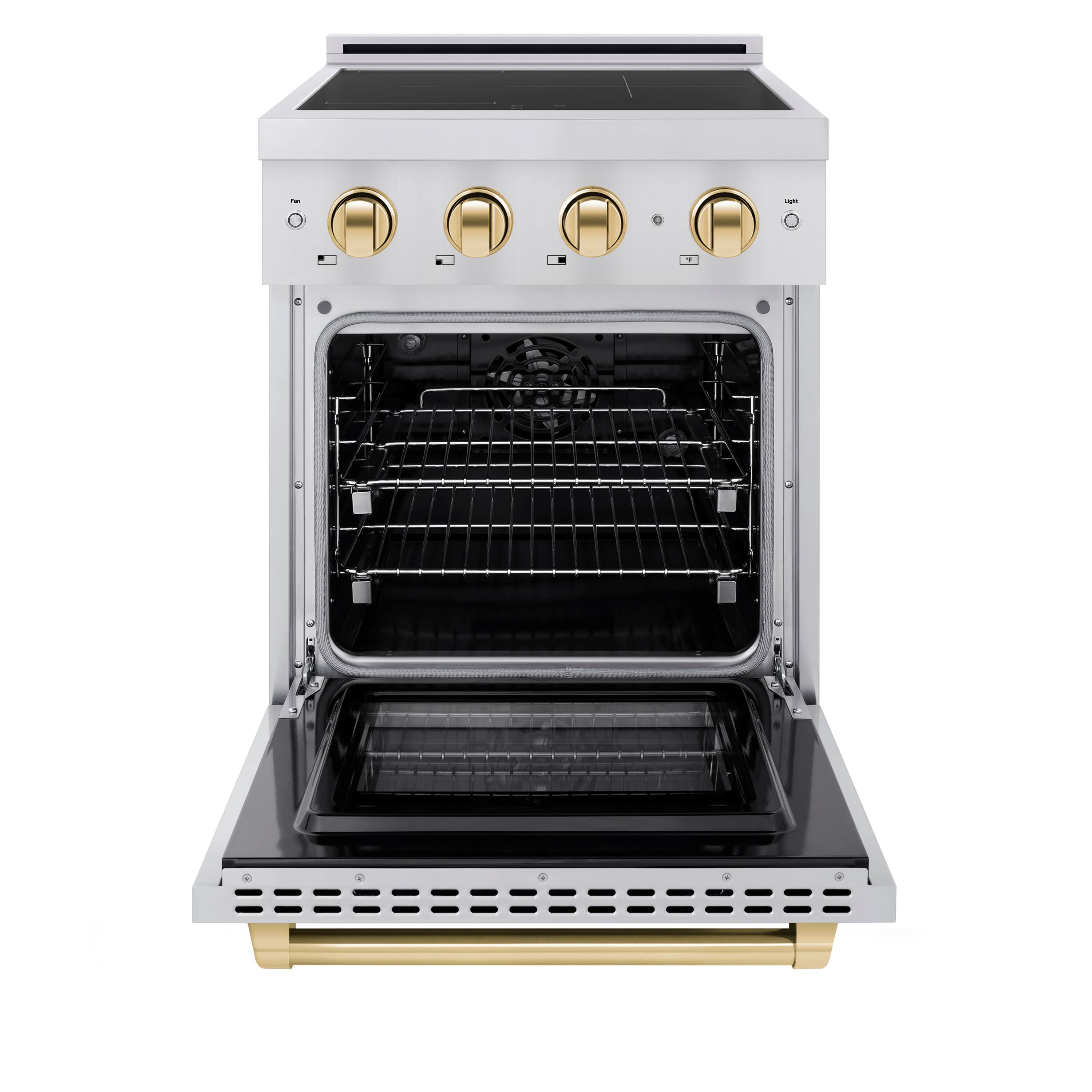 Angle. ZLINE - Autograph 24 in. 3.2 cu. ft. Paramount Freestanding Induction Range with 3 Burners and Electric Oven w/ Gold Accents - Stainless Steel.