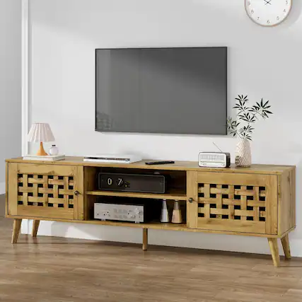 Front. RoyalCraft - RoyalCraft Rattan TV Stand Entertainment Center with Storage for 65 Inch TVs - Brown.