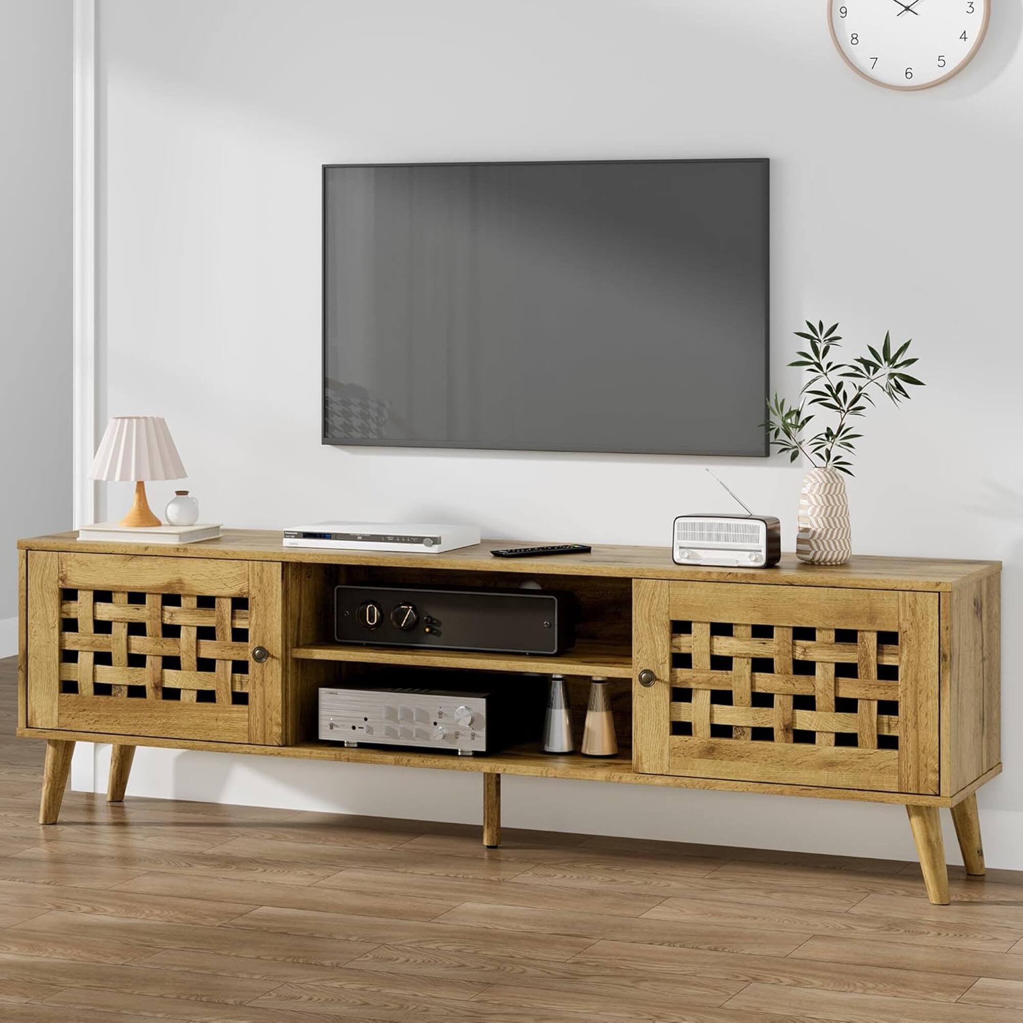 RoyalCraft - Rattan TV Stand Entertainment Center with Storage for 65 Inch TVs - Brown