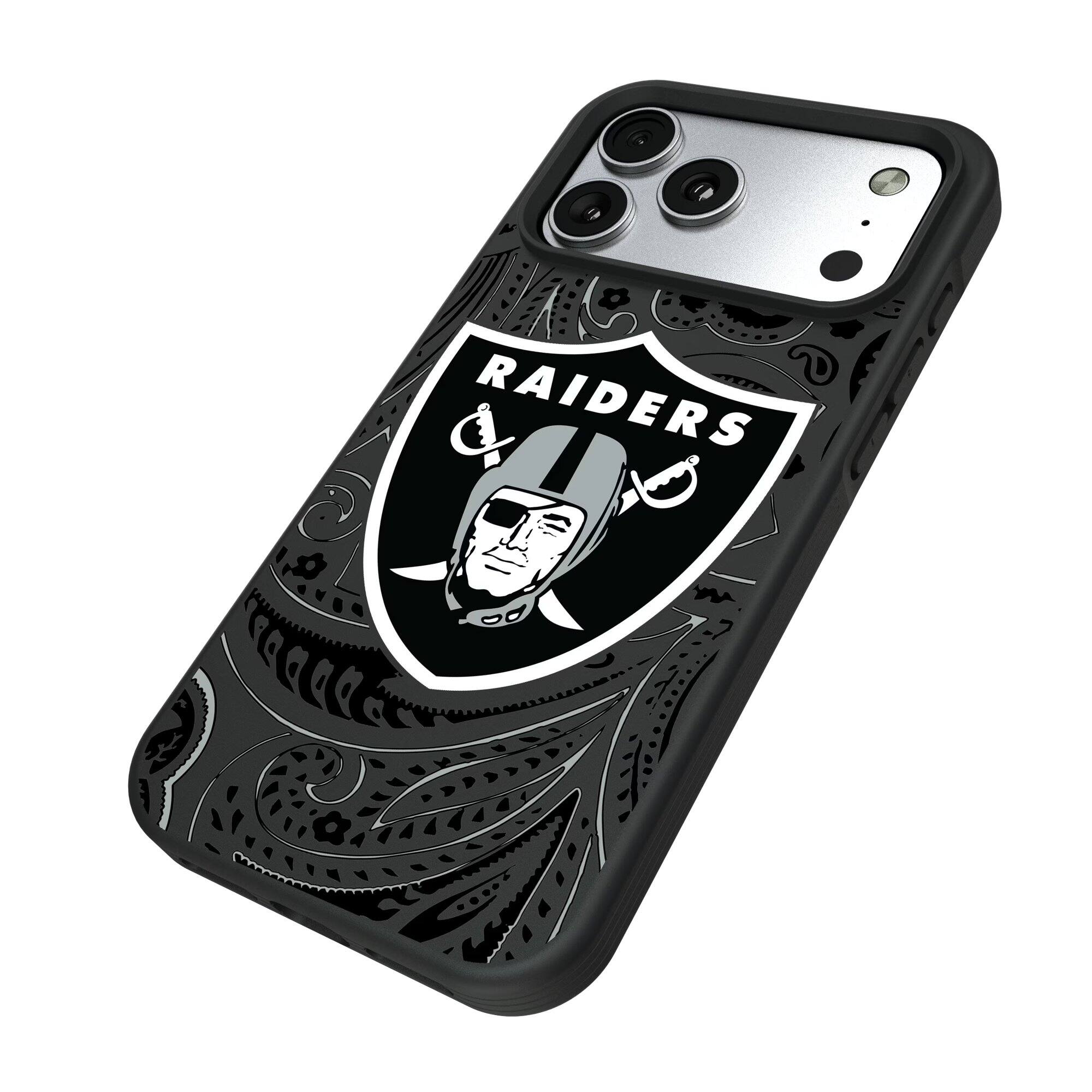 Alt View 1. Keyscaper - Las Vegas Raiders iPhone Paisley Design Bump Case - 15 Pro Max - Multicolor.