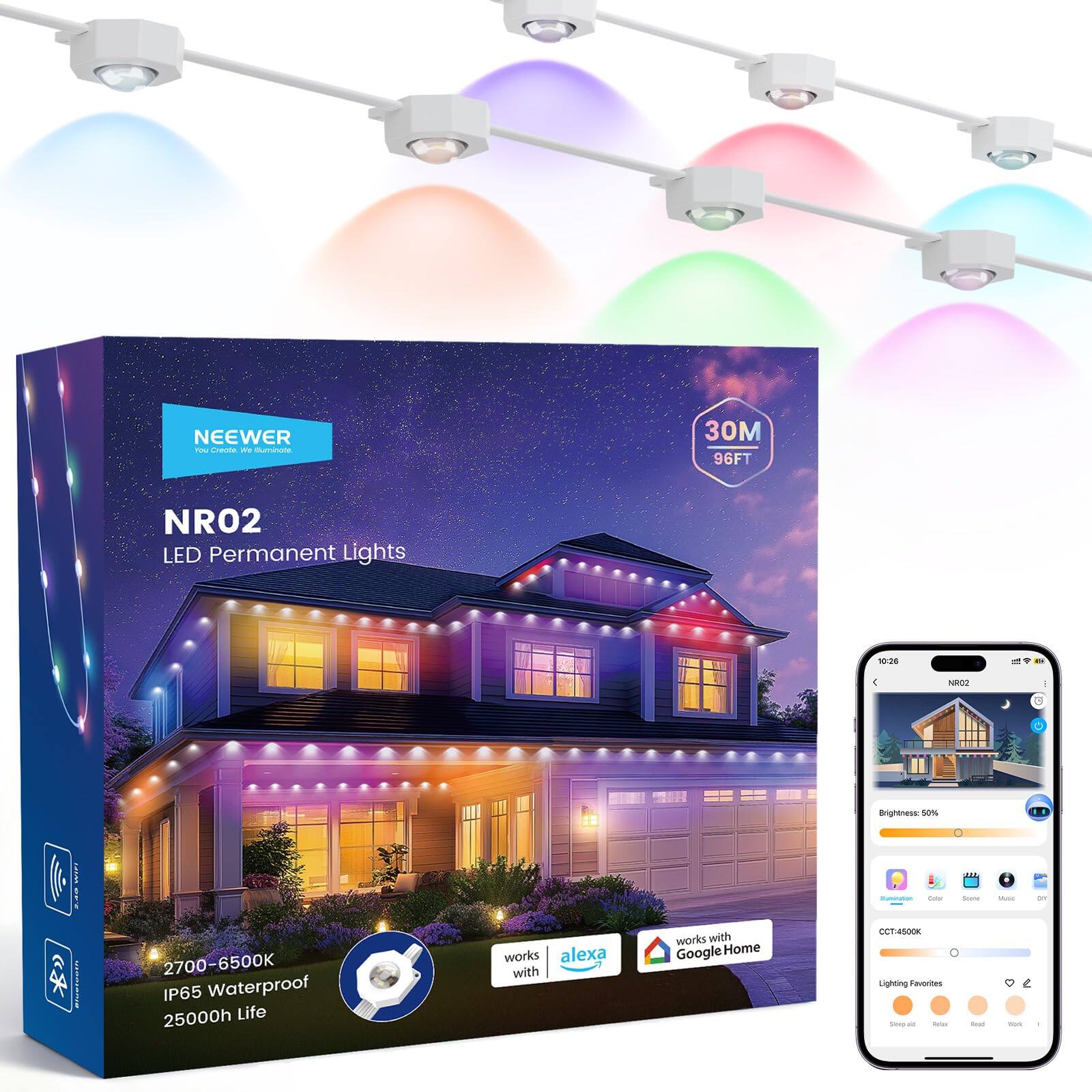 NEEWER - NR02 LED Permanent Lights  
30M 96FT  
Brightness: 2700-6500K  
IP65 Waterproof  
25000h Life  
Works with Alexa and Google Home