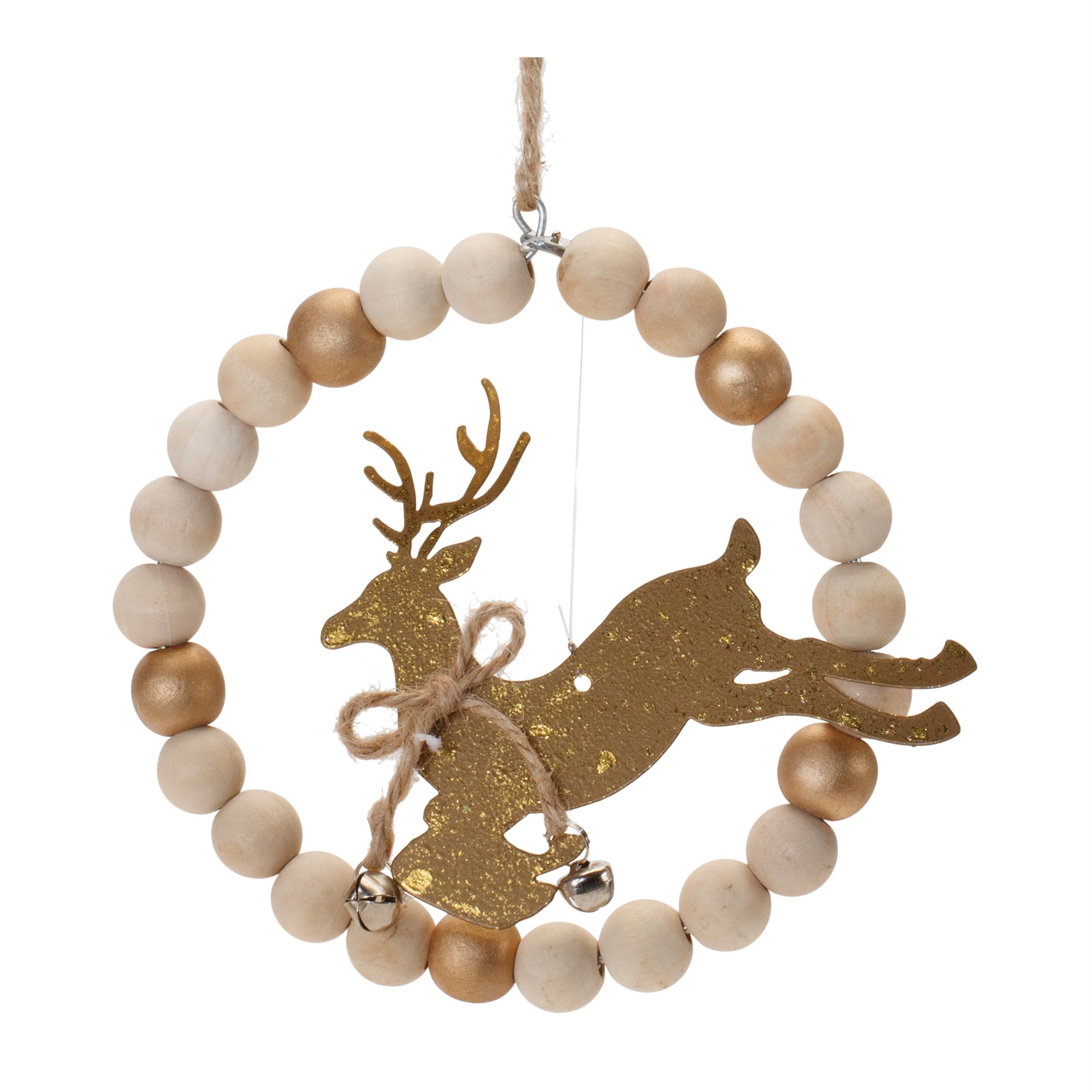 Back. BreeBe - Beaded Wood Tree and Deer Ornament (Set of 6) - Bronze, Beige.