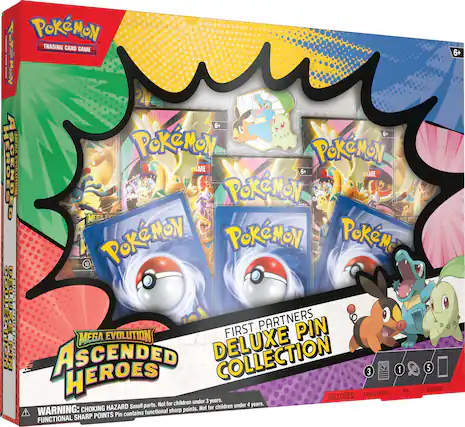 Pokémon Trading Card Game
Pokémon
6+
Mega Evolution
Ascended Heroes
First Partners Deluxe Pin Collection
Includes:
- Promo Cards
- Pin
- Boosters
WARNING: Choking Hazard - Small parts. Not for children under 3 years.
Functional Sharp Points - Pin contains functional sharp points. Not for children under 4 years.
