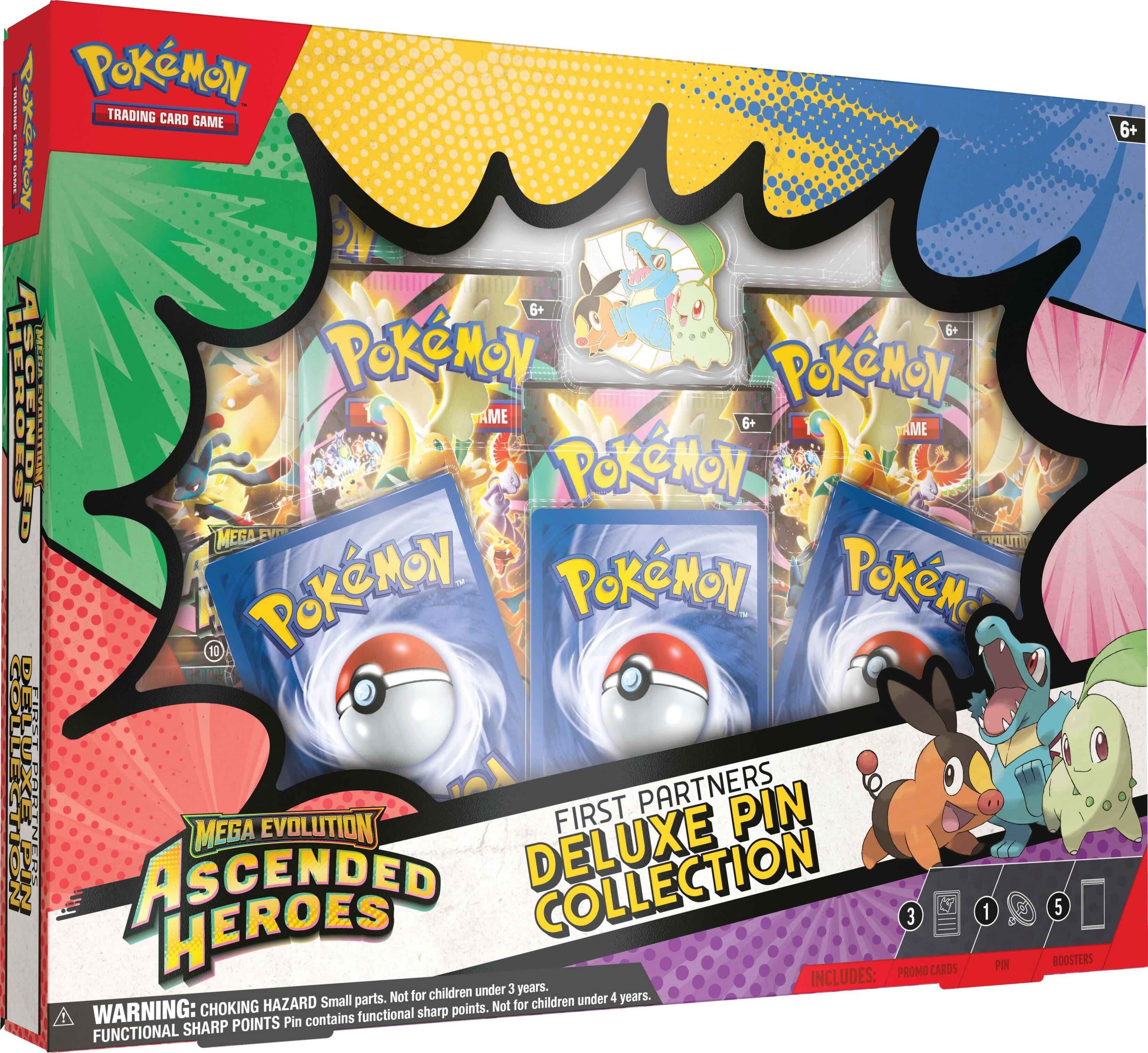 Pokémon Trading Card Game  
Pokémon  
6+  
Mega Evolution  
Ascended Heroes  
First Partners Deluxe Pin Collection  
Includes:  
- Promo Cards  
- Pin  
- Boosters  

WARNING: Choking Hazard - Small parts. Not for children under 3 years.  
Functional Sharp Points - Pin contains functional sharp points. Not for children under 4 years.