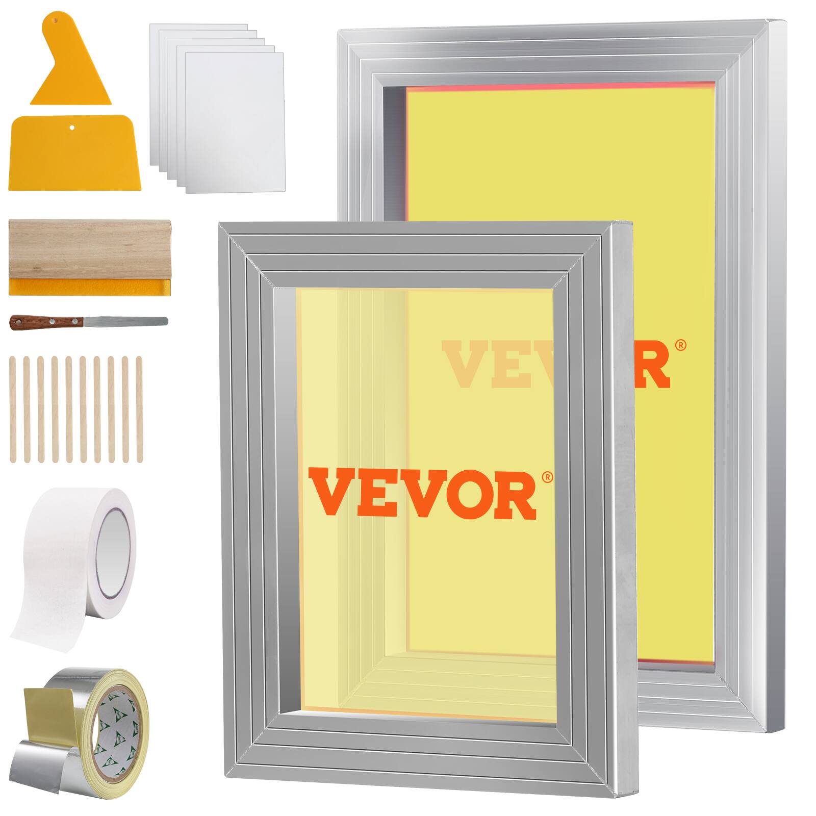 Front. VEVOR - Screen Printing Kit, 2 Pieces Aluminum Silk Screen Printing Frames 8x10/10x14in 110 Count Mesh, 2 Tapes and Screen - Silver.