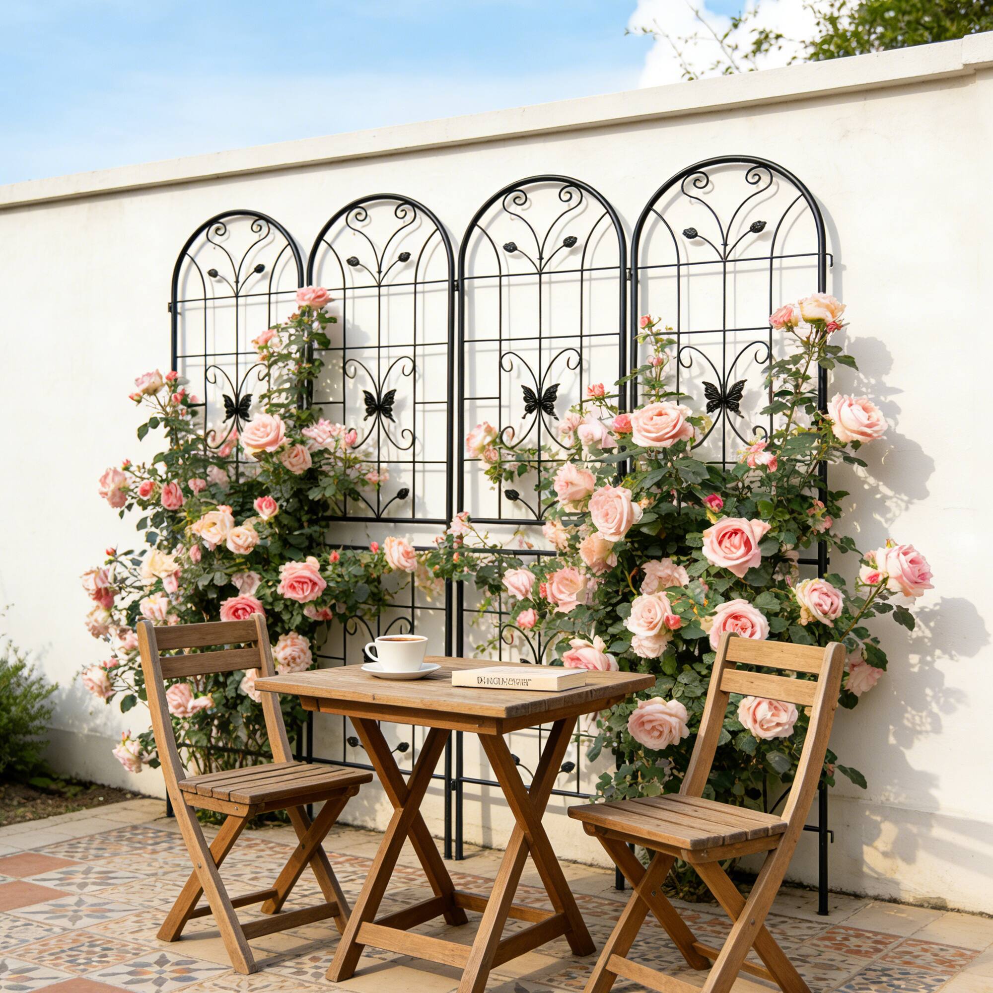 Back. Loheer - 4-Pack Metal Garden Trellis Panels for Climbing Plants, Outdoor Flower Support, Iron Construction - Black.