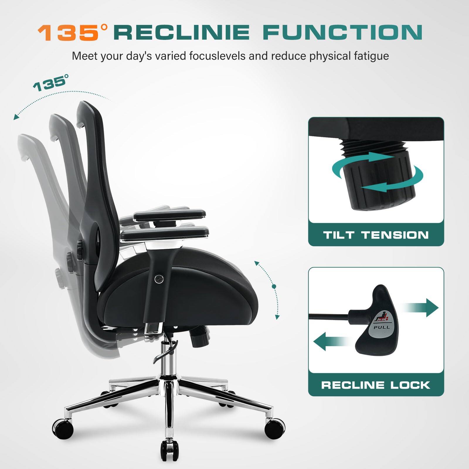 135° RECLINE FUNCTION  
Meet your day's varied focus levels and reduce physical fatigue  

135° TILT TENSION  
RECLINE LOCK