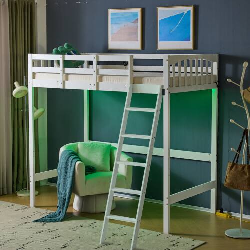 Alt View 2. Winado - Twin Size Wood Loft Bed Frame Solid Safety Guardrail with RGB LED 2 Charging Station for Adults Kids Teens Junior - White.