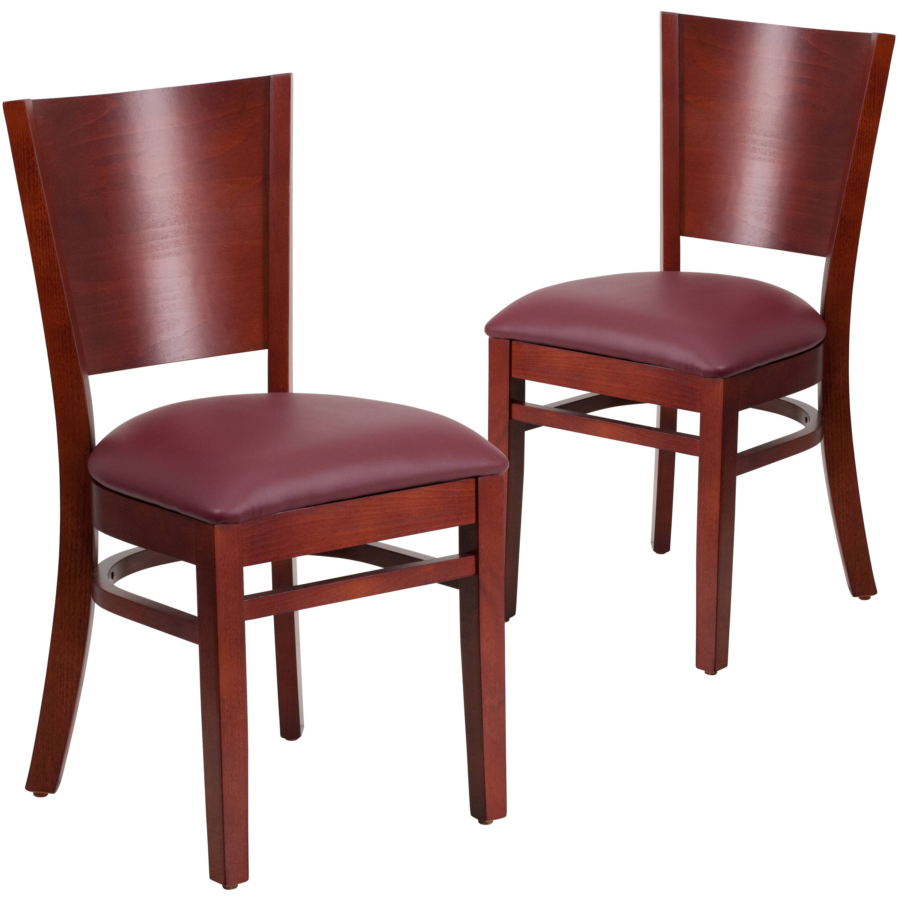Front. Emma + Oliver - 2 Pack Solid Back Wooden Restaurant Chair - Burgundy Vinyl Seat/Mahogany Wood Frame.