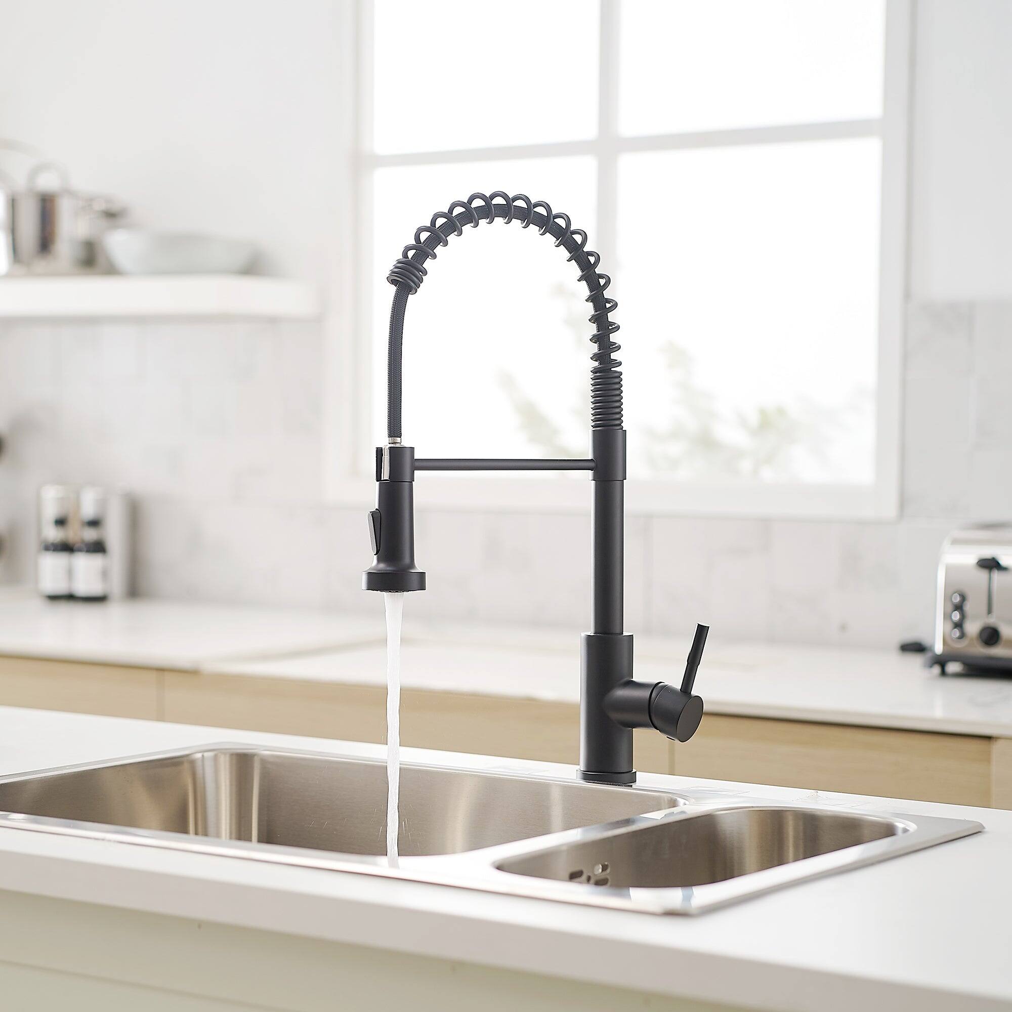 Angle. Boyel Living - Matte Black Single Handle Pull Down Sprayer Kitchen Faucet Stainless Steel with Water Supply Hoses - Matte Black.