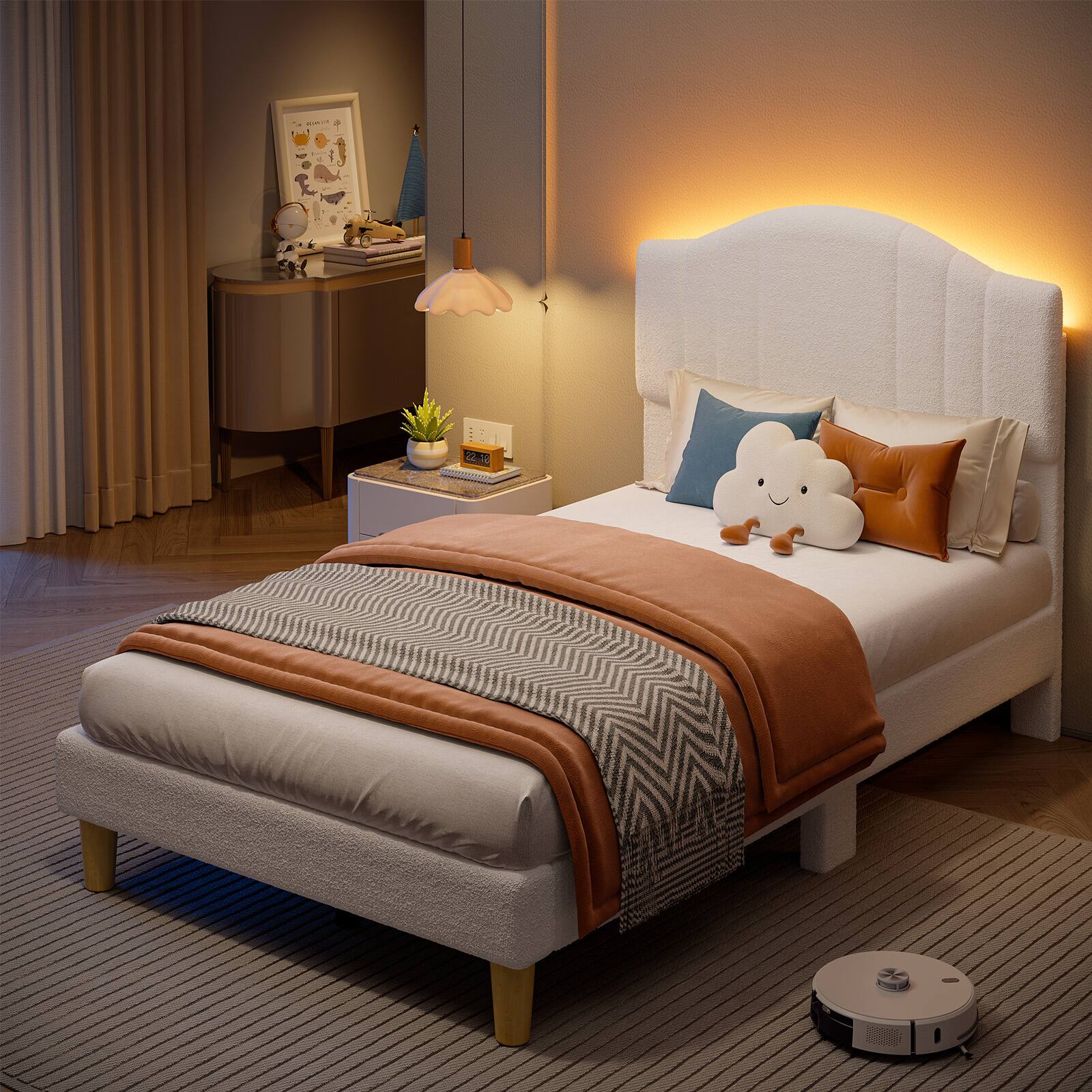 Angle. Pinmoco - Pinmoco - Twin Upholstered Platform Bed Frame with Adjustable LED Arc Headboard - Fabric White - Fabric White.