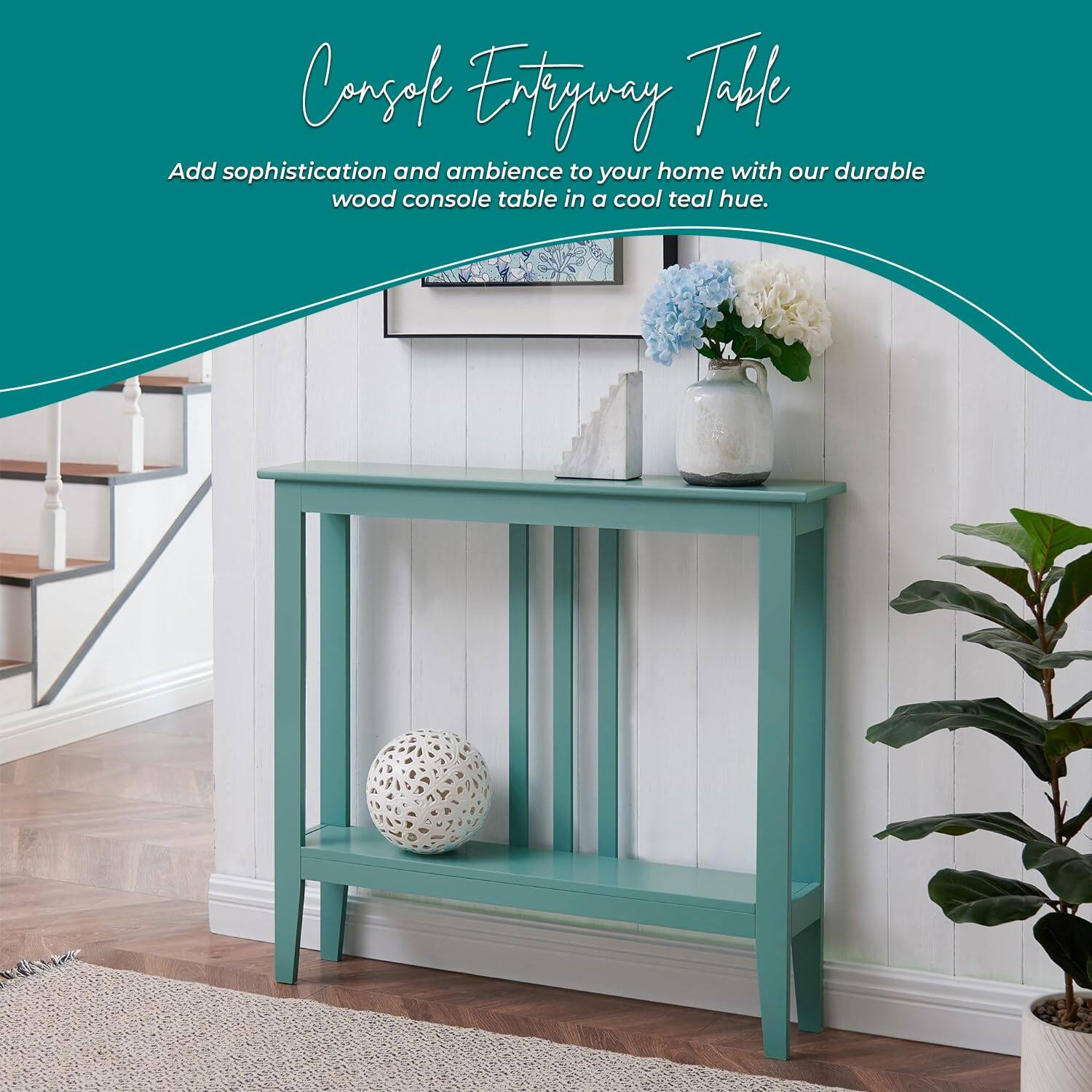 Console Entryway Table

Add sophistication and ambience to your home with our durable wood console table in a cool teal hue.