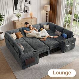 Dyonery - 112" Modular Sectional Sofa, U Shaped 8-Seater Sleeper Sofa with Pull Out Bed &Hidden Storage, Cup Holders & USB. - Gray