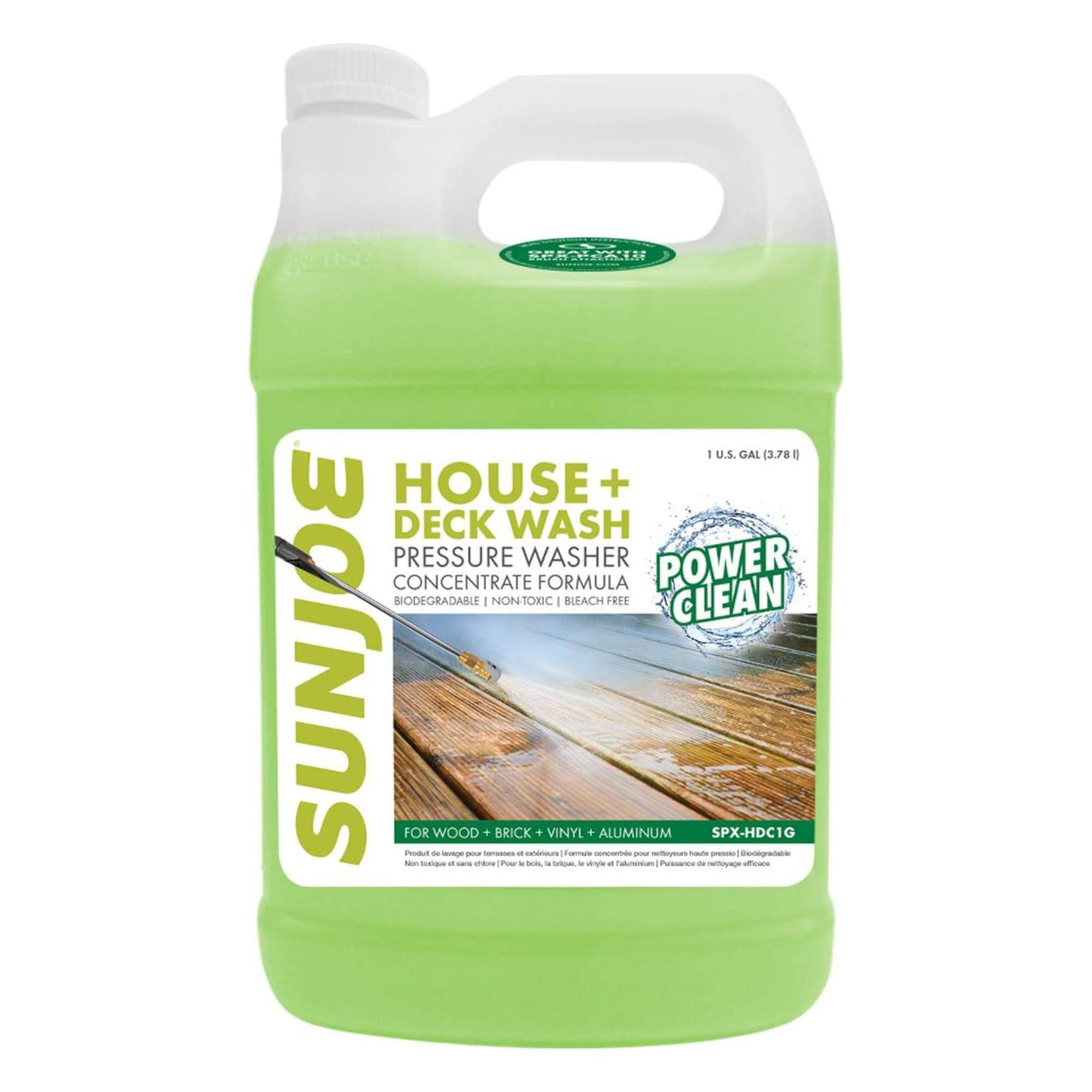 Sure, here is the corrected and grouped text from the image:
---
**SUNJOE**
**HOUSE + DECK WASH**
**PRESSURE WASHER CONCENTRATE FORMULA**
**POWER CLEAN**
**1 U.S. GAL (3.78 L)**
**BIODEGRADABLE | NON-TOXIC | BLEACH FREE**
**FOR WOOD + BRICK + VINYL + ALUMINUM**
**SPX-HDC1G**
---
**Product of the United States of America**
**Produit du États-Unis d'Amérique**
**Non toxic et non corrosif. Pour l'usage extérieur.**
---