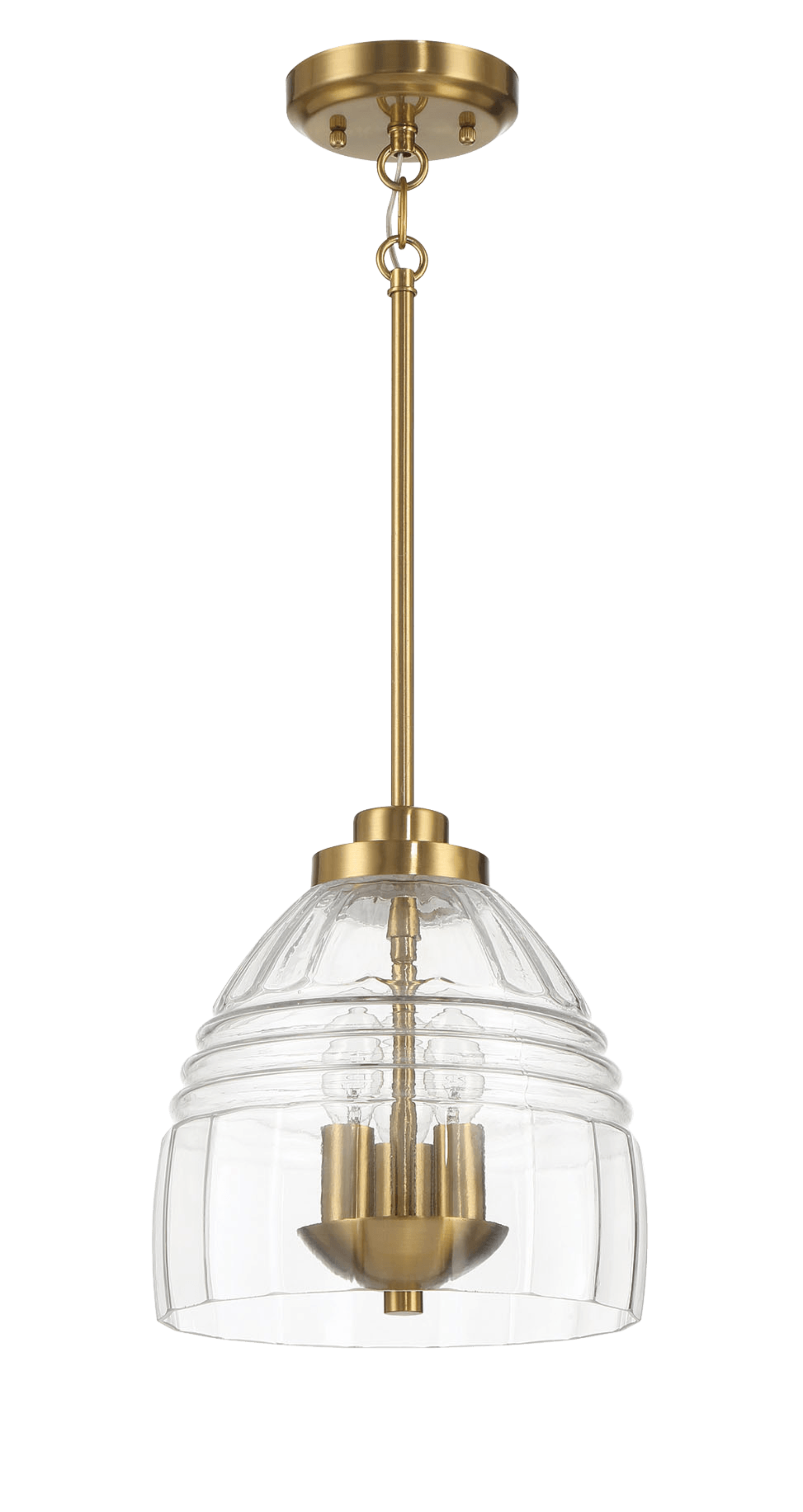 Front. TinyHomie - Ember Three Candle Lights Chain Pendant Clear Glass Satin Brass.