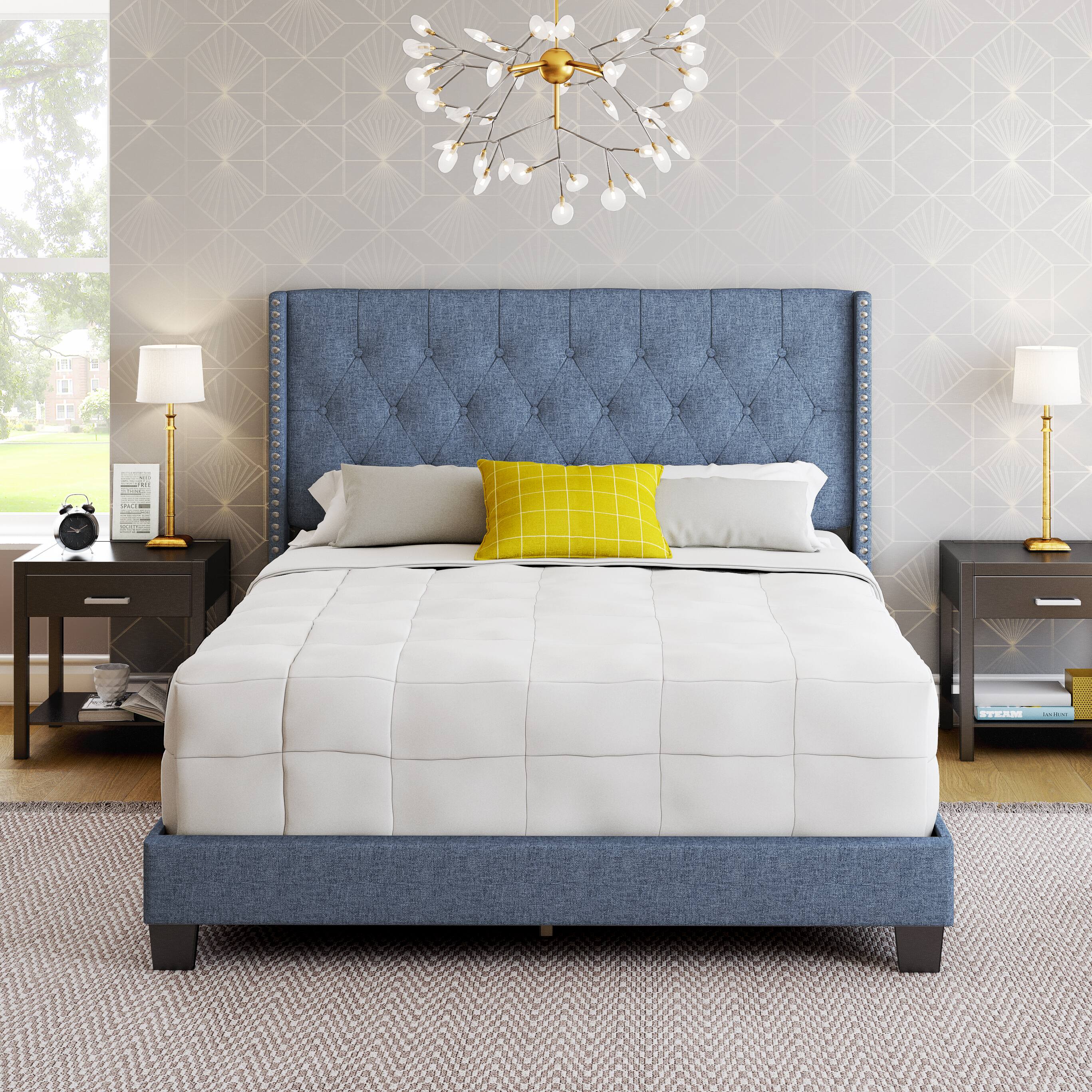 Alt View 1. Boyd Sleep - Mia Linen Platform Bed Frame with Tufted Headboard and Nailhead Trim, No Box Spring Required - Blue.