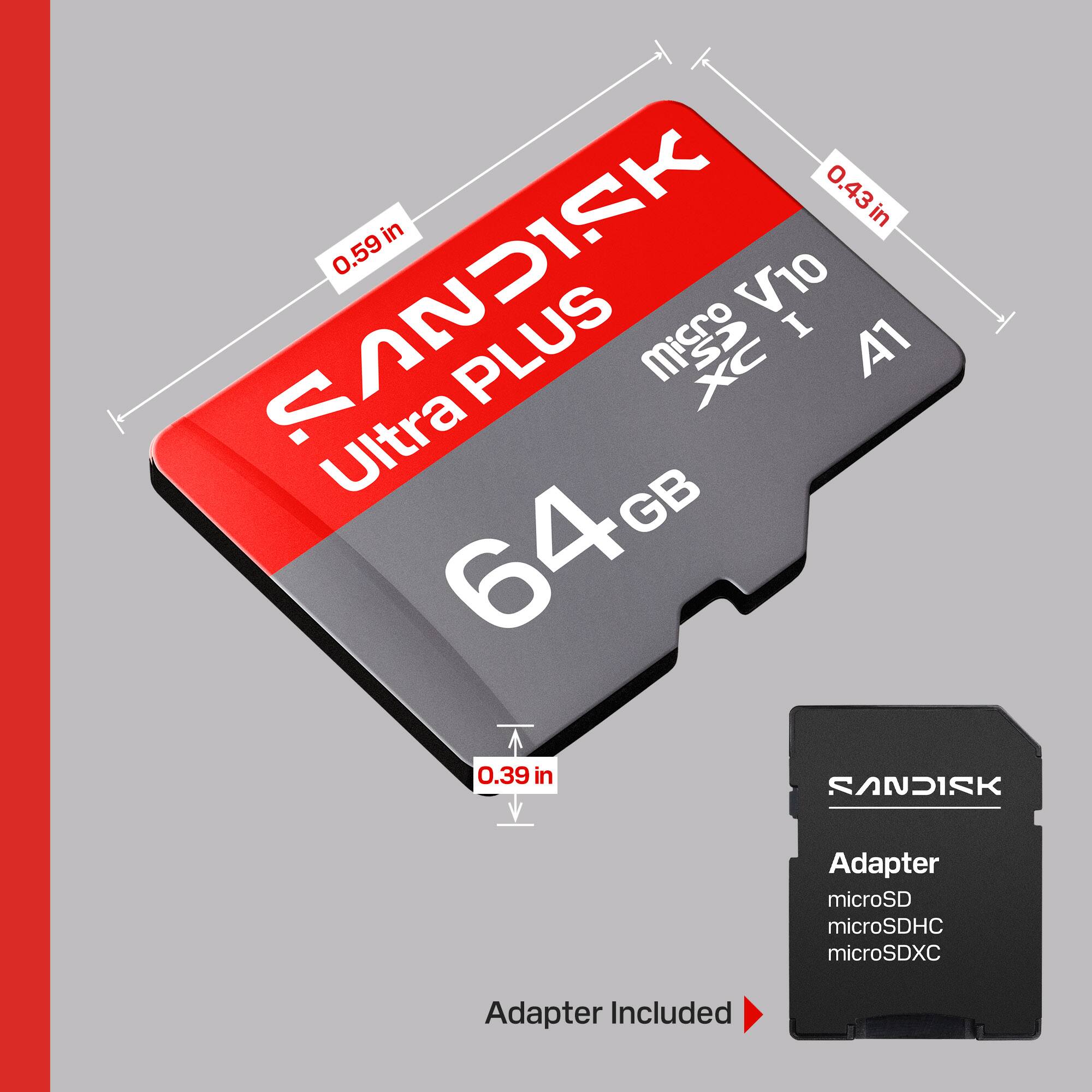 0.43 in x 0.59 in SANDISK Ultra PLUS microSDXC V10 I A1 64 GB microSD microSDHC microSDXC Adapter Included