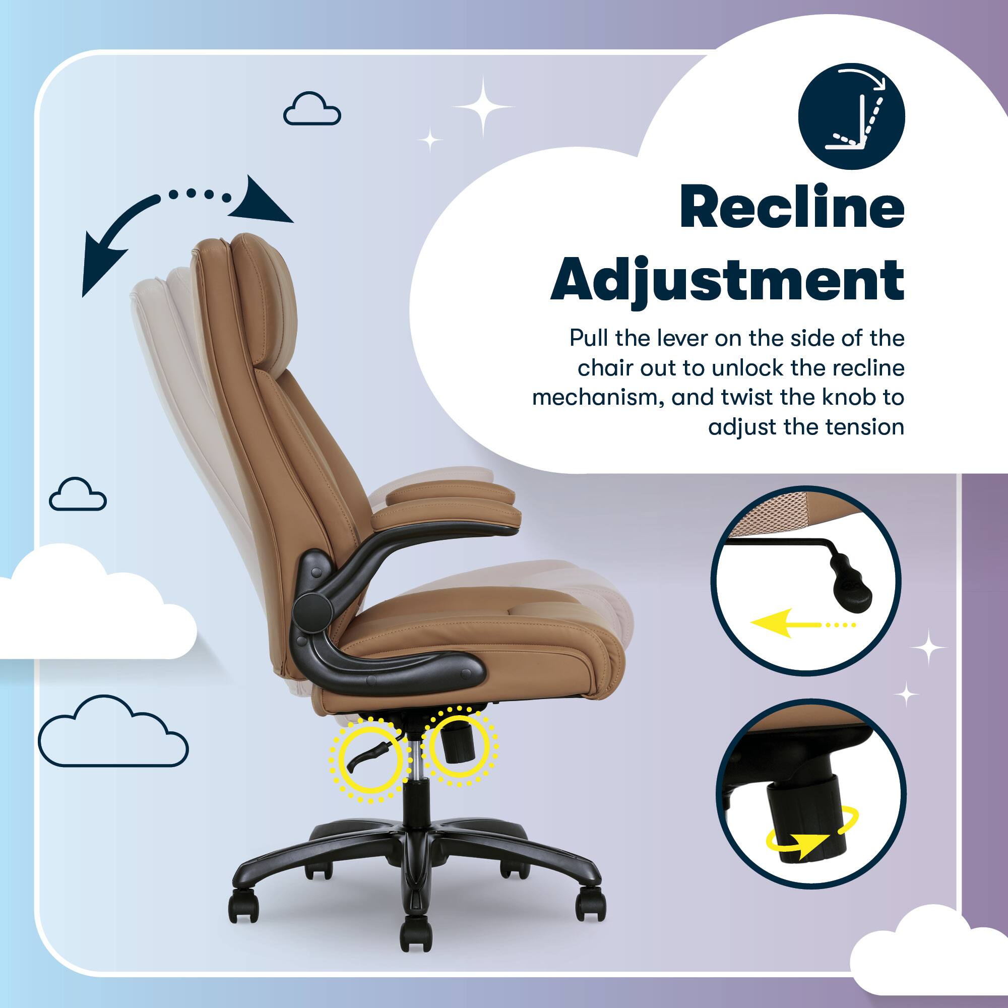 Recline Adjustment  
Pull the lever on the side of the chair out to unlock the recline mechanism, and twist the knob to adjust the tension