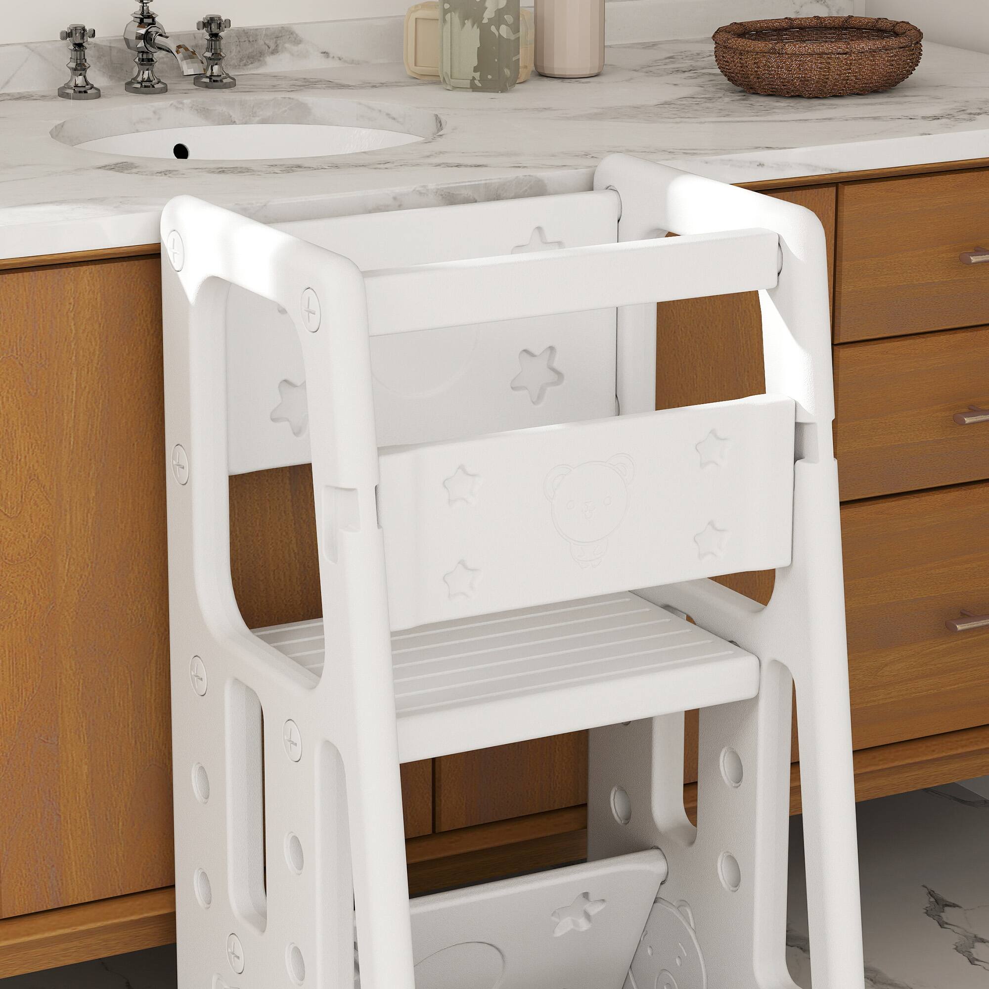 Alt View 4. Qaba - Toddler Tower with Adjustable Height, Toddler Kitchen Stool Helper with Anti-slip Mat, Step Stool for Kitchen, Bathroom - White.