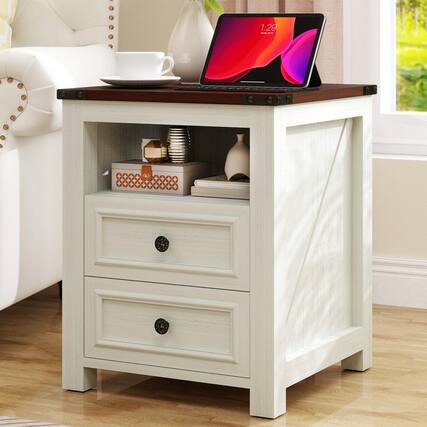 Front. Vipbear - Small Wooden Side Table with Charging Station, 18" Wide End Table with 2 Drawers and 2 Open Shelves - White.