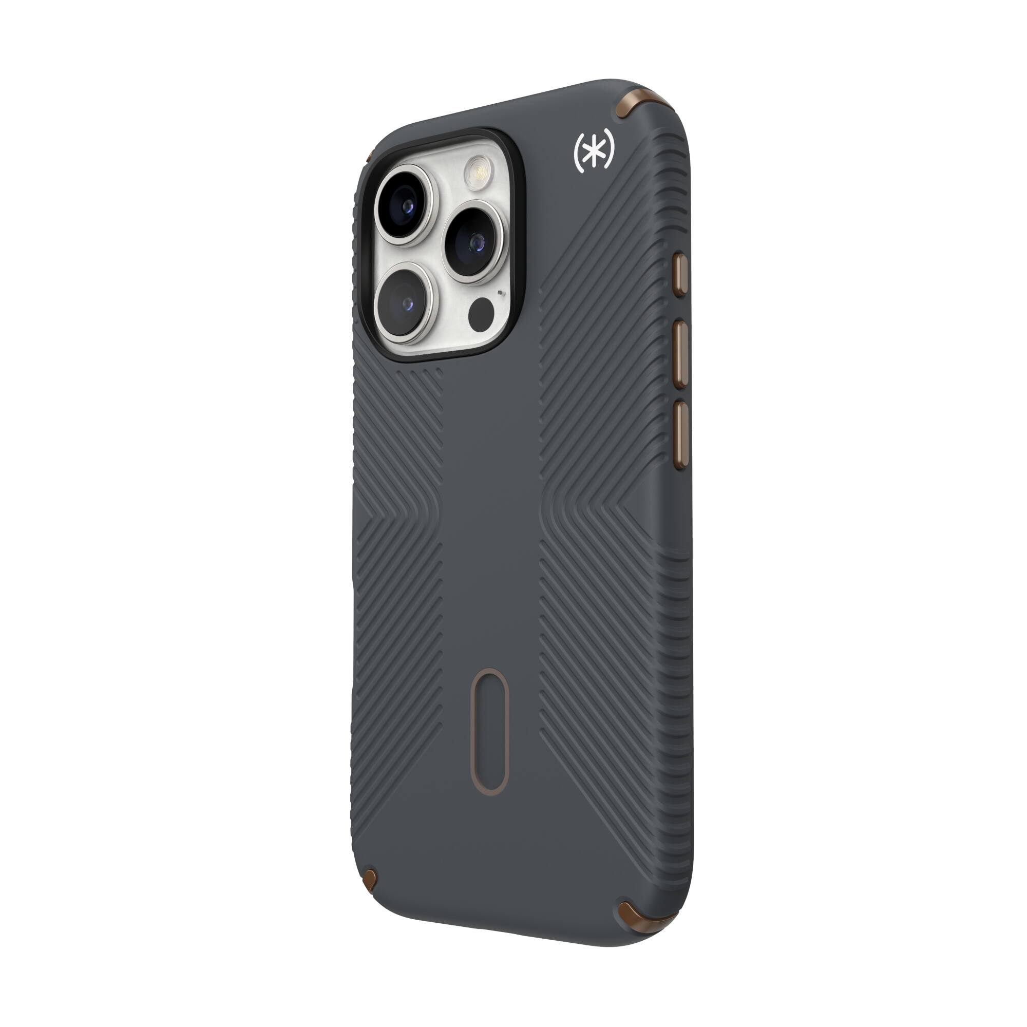 Angle. Speck - Presidio2 Grip ClickLock Case with MagSafe for Apple iPhone 16 Pro - Charcoal Gray.