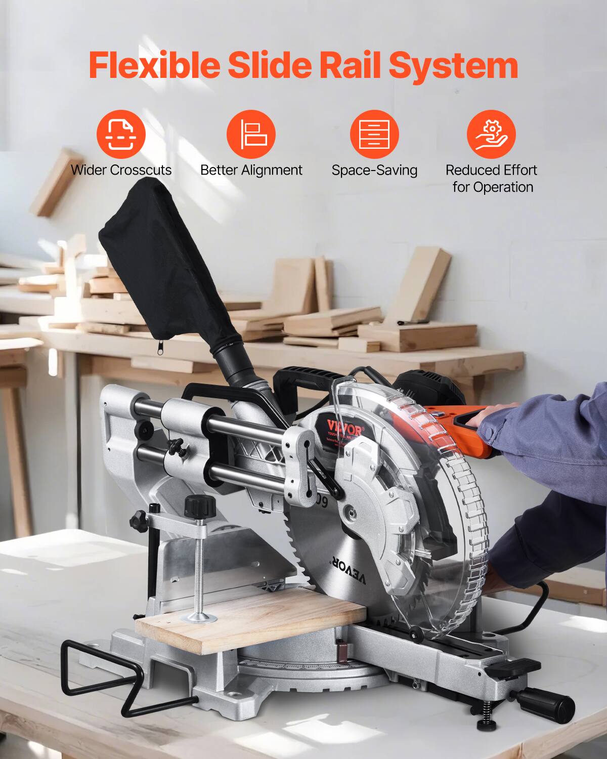 Flexible Slide Rail System  
Wider Crosscuts  
Better Alignment  
Space-Saving  
Reduced Effort for Operation  

VILVOR  
09