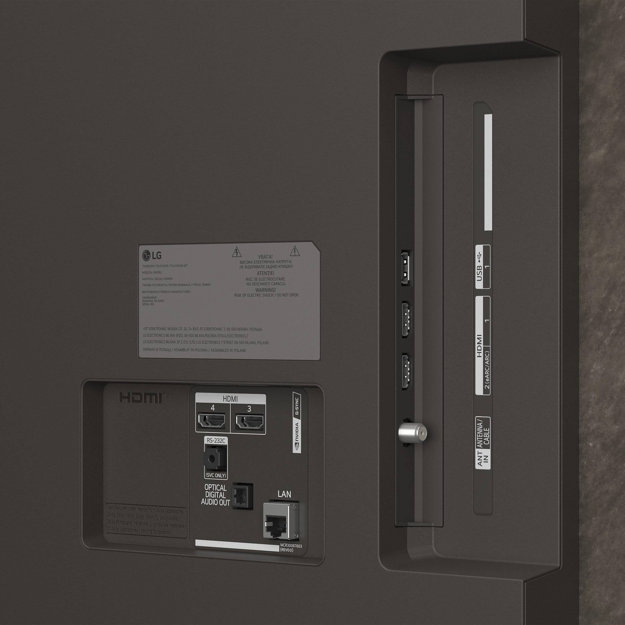 LG => (SUNOVA) COL - 0% POTIVE wirt SEATE univels  
! SICOKA ! e greased ATENTIE! RSC 30 ELECTROCUTAIRE FL DESCHOET CAPACUL WARNING! 250 0 ELECTRIC SHOCK DO OT OPEN  
USB  
EXPORCI ITAIN or a TASA 200 BLECTRONICS MLARA 2 JOIX SELECTRONICS STREE POLAND 35/00 SHAMBLAT POLONIA : POLAND HDMI HOMI 4 3 RS-232C SIC ONLY) OPTICAL DIGITAL AUDIO OUT  
ESTNE / AVIDIA LAN  
HDMI ANTENNA/ ANT  
2 (eARC/ARC) CABLE IN  
the  
Lote  
EGREDDOTION revod