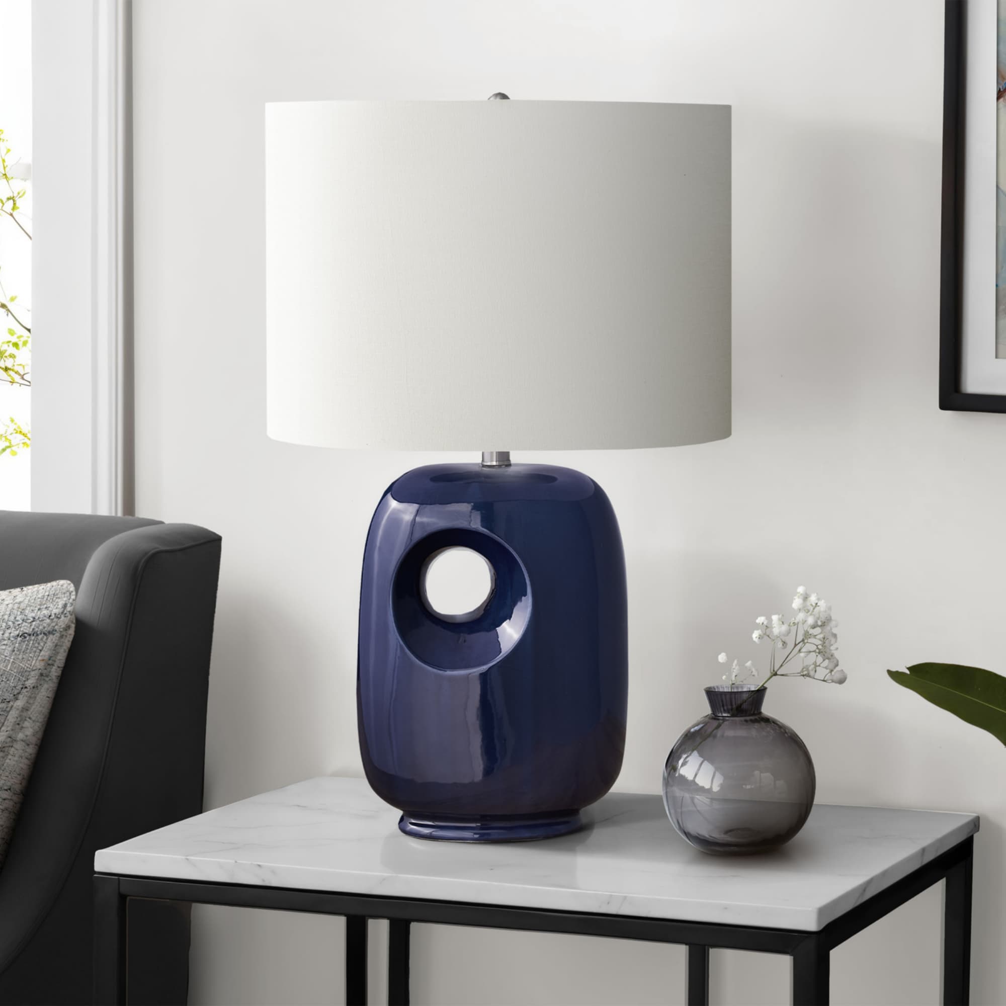 Angle. Luckbyte - 26 Inch Blue Ceramic Table Lamp Ivory Cream Shade Contemporary Modern Lighting.