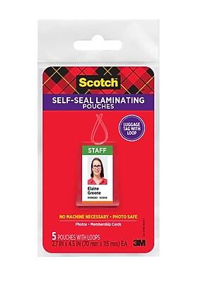 Scotch  
SELF-SEAL LAMINATING POUCHES  
LUGGAGE TAG WITH LOOP  
STAFF  
Elaine Greene  
NO MACHINE NECESSARY PHOTO SAFE Photos Membership Cards 5 POUCHES WITH LOOPS 2.7 IN X 4.5 IN (70 mm X 115 mm) EA 3M