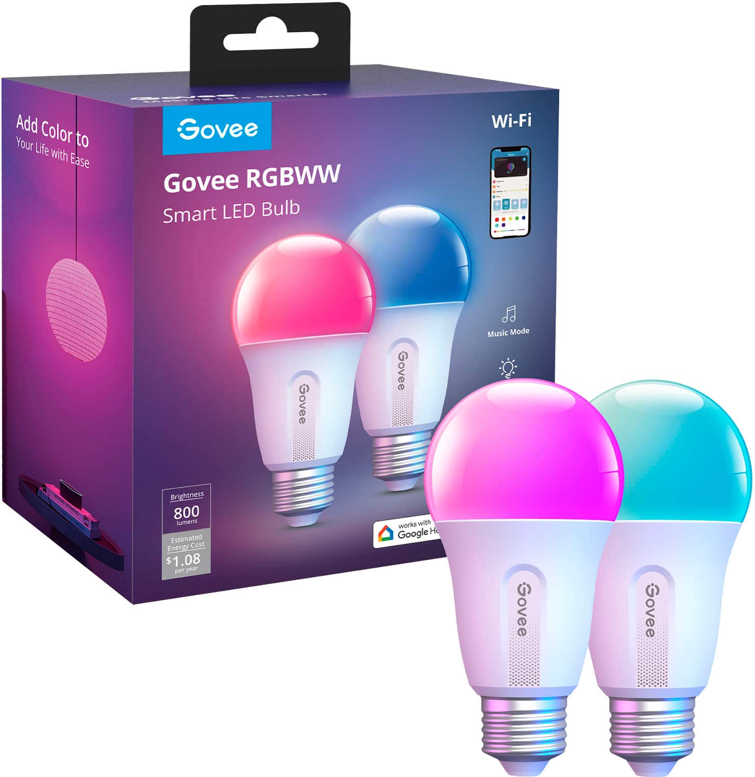 Add color to your life with ease using the Govee RGBWW Smart LED Bulb Wi-Fi. This smart LED bulb features a music mode, adjustable brightness, and estimated energy savings of $1.08 per year. It works with Google Home and is compatible with 2.4GHz Wi-Fi networks.