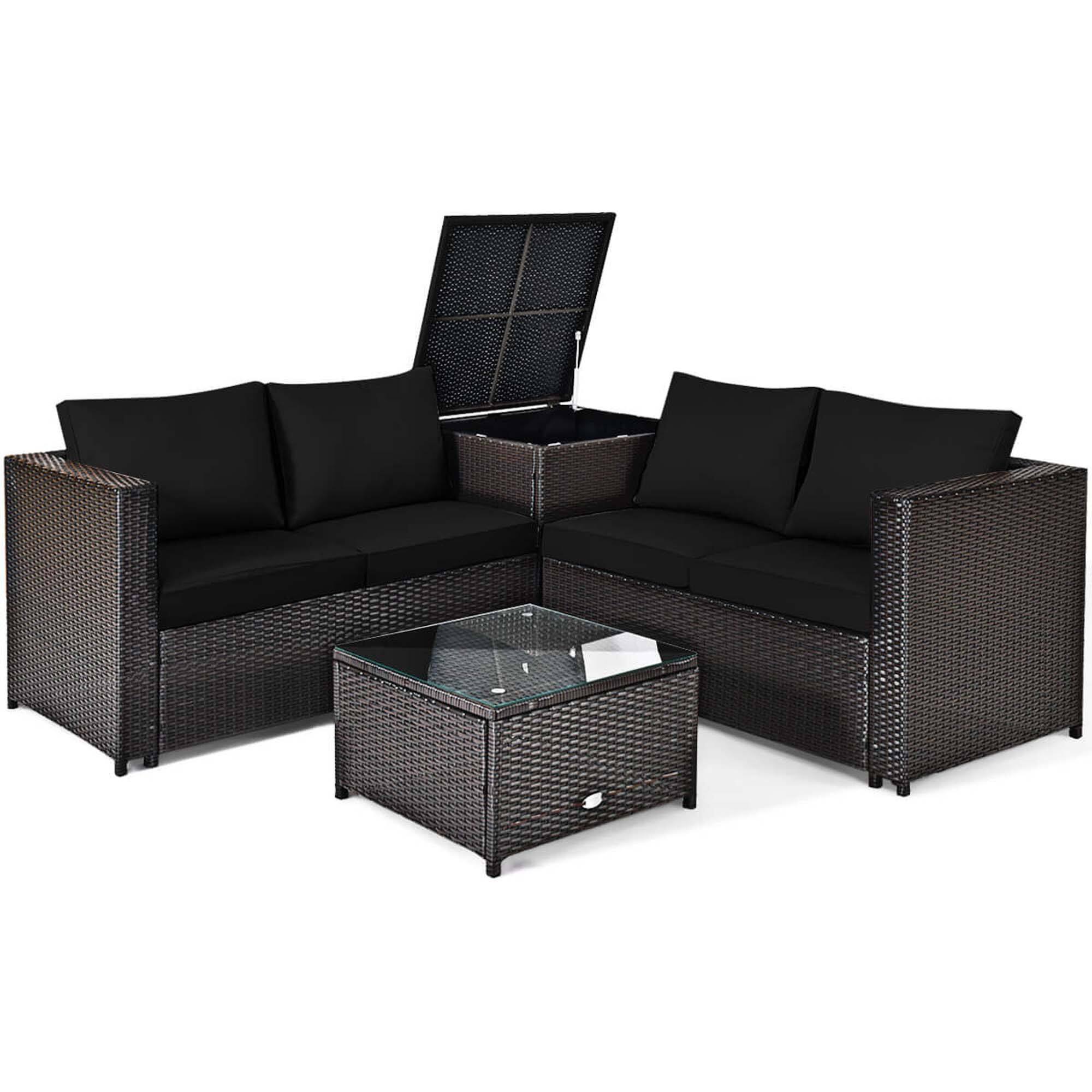 Alt View 5. Gymax - Gymax Set of 4 Patio Rattan Furniture Set Cushioned Loveseat Storage Table Outdoor Black - Brown, Black.