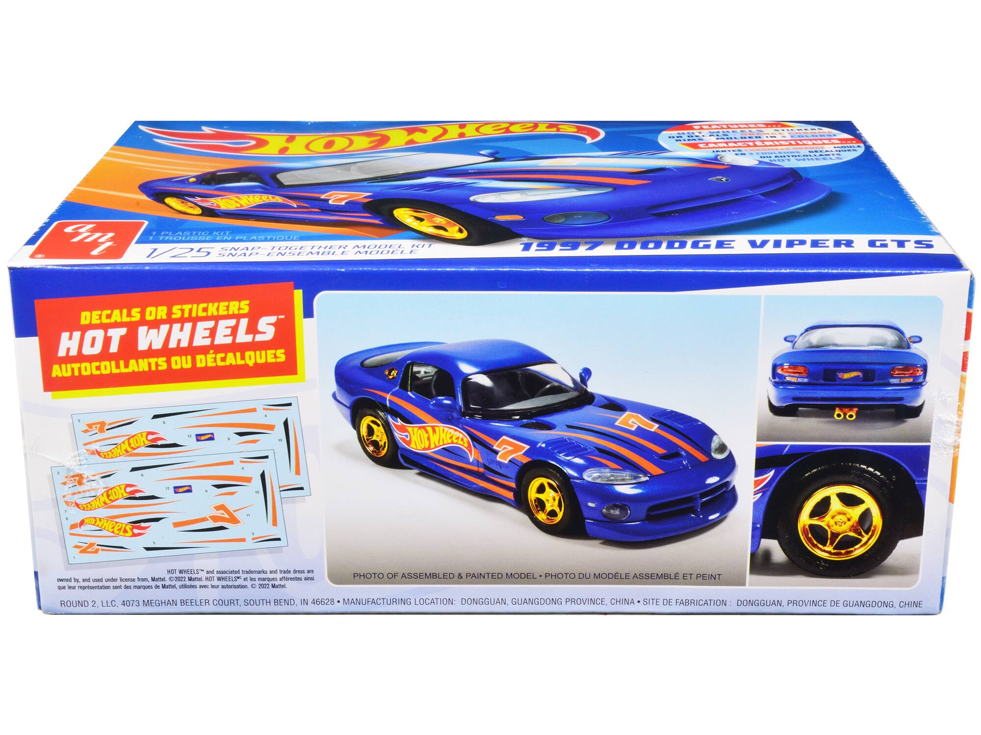 Sure, here is the corrected and grouped text from the image:

---

**Front of the Box:**

- **HOT WHEELS**
- **1937 DODGE VIPER GTS**
- **1/25 SNAP-TOGETHER PLASTIC MODEL KIT**
- **DECALS OR STICKERS**
- **AUTO-COLLANTS OU DÉCALQUES**
- **HOT WHEELS** (logo with flame design)
- **ROUND 2, LLC. 4073 MEGHAN BEELER COURT, SOUTH BEND, IN 46628**
- **MANUFACTURING LOCATION: DONGGUAN, GUANGDONG PROVINCE, CHINA**
- **SITE DE FABRICATION: DONGGUAN, PROVINCE DE GUANGDONG, CHINE**
- **PHOTO OF ASSEMBLED & PAINTED MODEL - PHOTO DU MODÈLE ASSEMBLÉ ET PEINT**

**Side of the Box:**

- **HOT WHEELS** (logo with flame design)
- **1937 DODGE VIPER GTS**
- **1/25 SNAP-TOGETHER PLASTIC