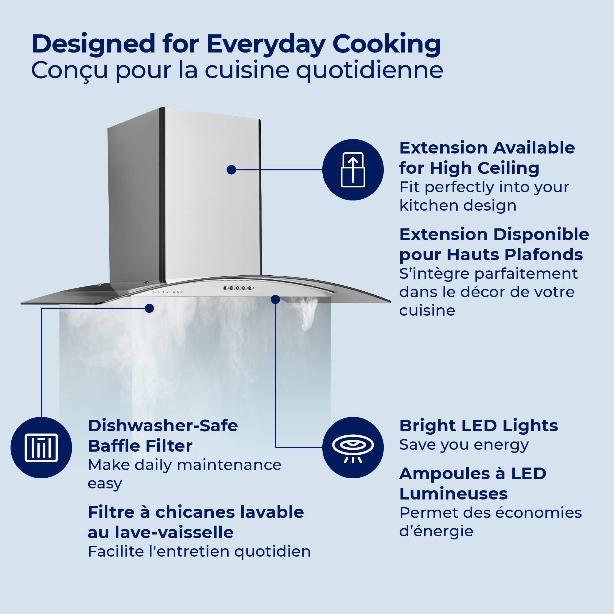 Designed for Everyday Cooking  
Conçu pour la cuisine quotidienne  

Extension Available for High Ceiling  
Fit perfectly into your kitchen design  
Extension Disponible pour Hauts Plafonds  
S'intègre parfaitement dans le décor de votre cuisine  

Dishwasher-Safe Baffle Filter  
Make daily maintenance easy  
Filtre à chicanes lavable au lave-vaisselle  
Facilite l'entretien quotidien  

Bright LED Lights  
Save you energy  
Ampoules à LED Lumineuses  
Permet des économies d'énergie
