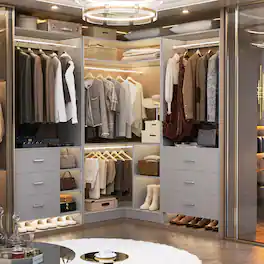Aheaplus - L Shaped Closet System with 6 Drawers, 4 Hanging Rods, and Corner Tower, 80.9'' Corner Wardrobe System, Reversible - Gray