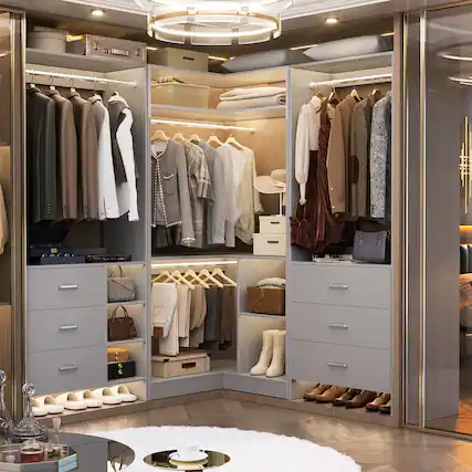Front. Aheaplus - L Shaped Closet System with 6 Drawers, 4 Hanging Rods, and Corner Tower, 80.9'' Corner Wardrobe System, Reversible - Gray.