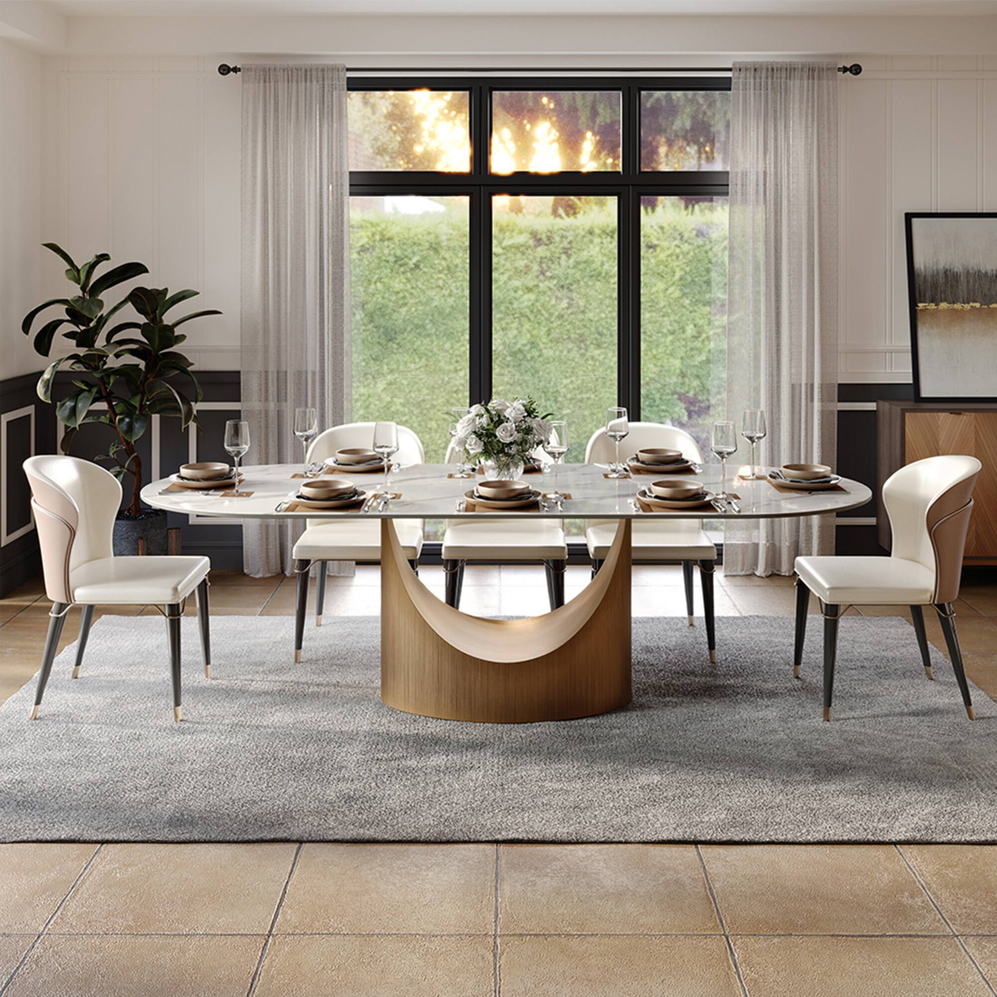 Angle. POVISON - 94"Hobart Modern Oval Dining Table for 8-10, White Oval Glossy Sintered Stone Kitchen Table, Bronze Carbon Steel Base - White.