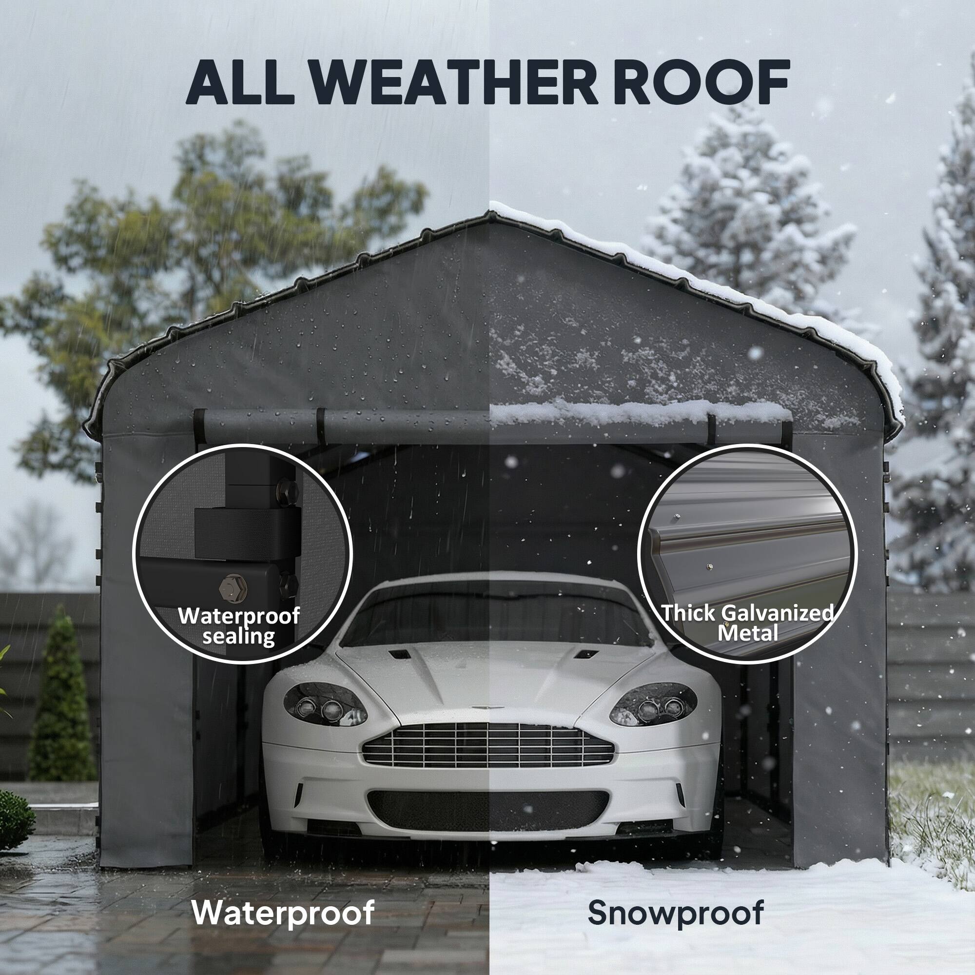 ALL WEATHER ROOF

Waterproof sealing  
Waterproof

Thick Galvanized Metal  
Snowproof