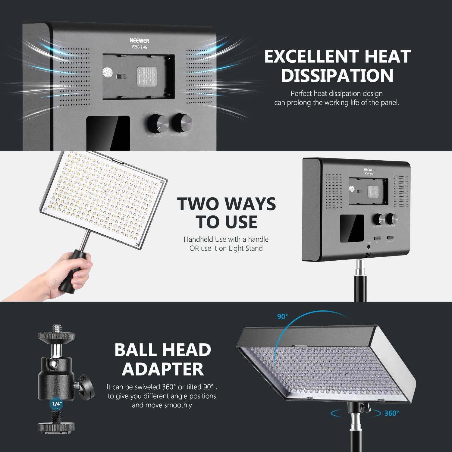 NEEWER P280-4G

EXCELLENT HEAT DISSIPATION
Perfect heat dissipation design can prolong the working life of the panel.

TWO WAYS TO USE
Handheld Use with a handle OR use it on Light Stand

BALL HEAD ADAPTER
1/4" BALL HEAD ADAPTER
It can be swiveled 360° or tilted 90°, to give you different angle positions and move smoothly