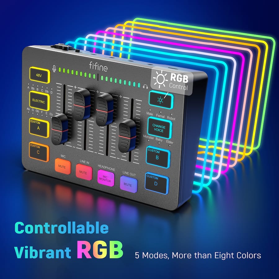 Rgb Audio FIFINE USB Audio Mixer 4 Channel Audio Interface with RGB for Gaming ...