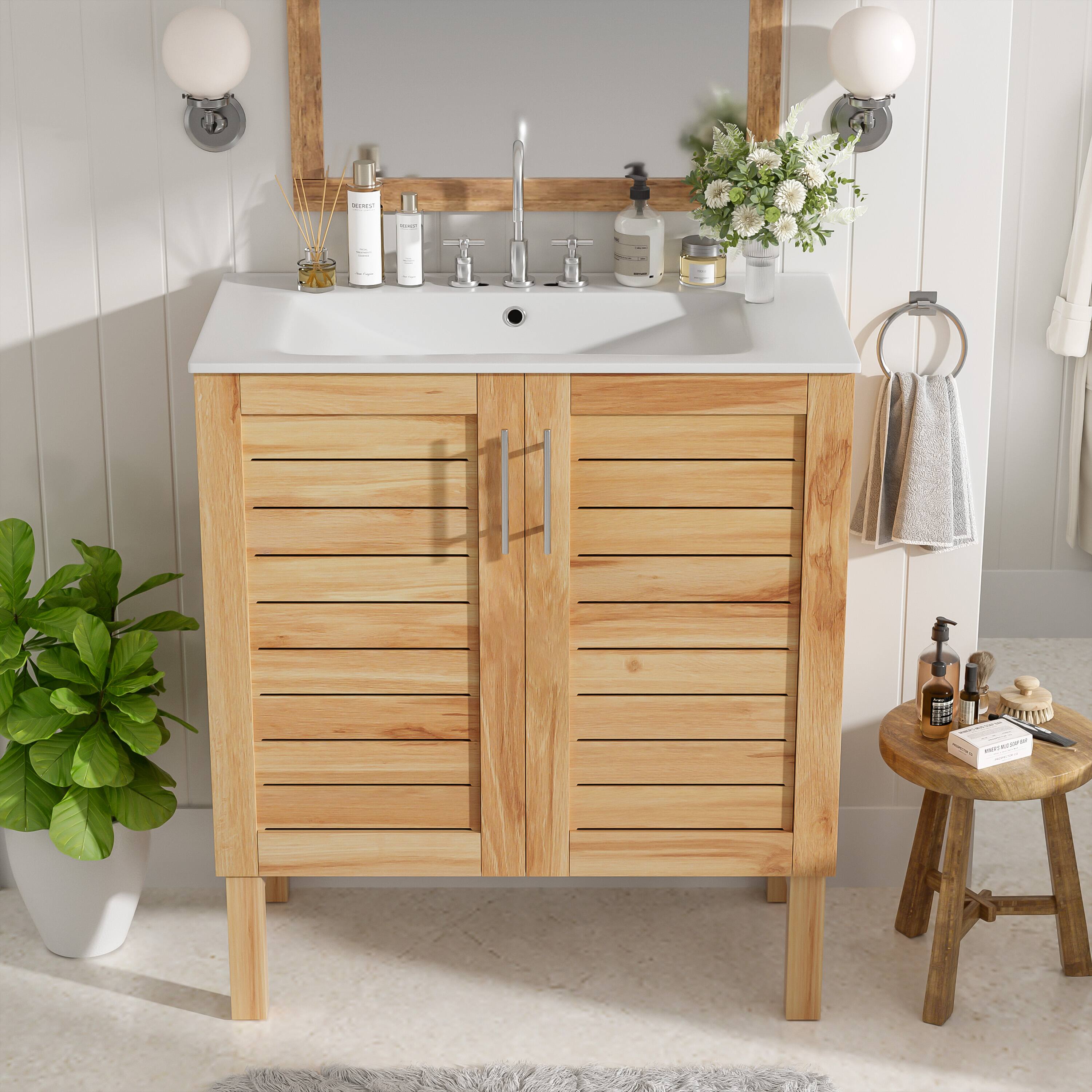 Left. Loheer - 2.5 ft Antique Bathroom Vanity with Ceramic Sink and Soft Close Cabinet - Antique Natural,Brown.