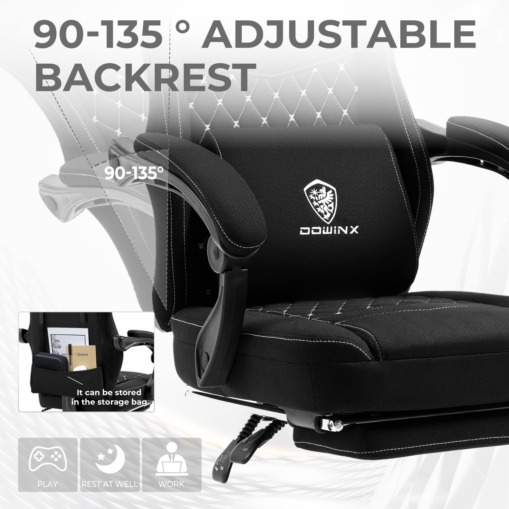 90-135° Adjustable Backrest

It can be stored in the storage bag.

Play, Rest at Well, Work