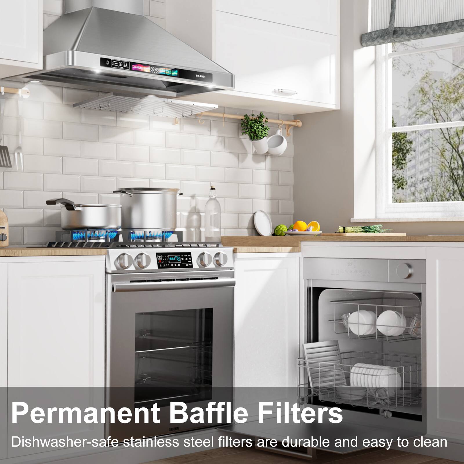 Permanent Baffle Filters  
Dishwasher-safe stainless steel filters are durable and easy to clean