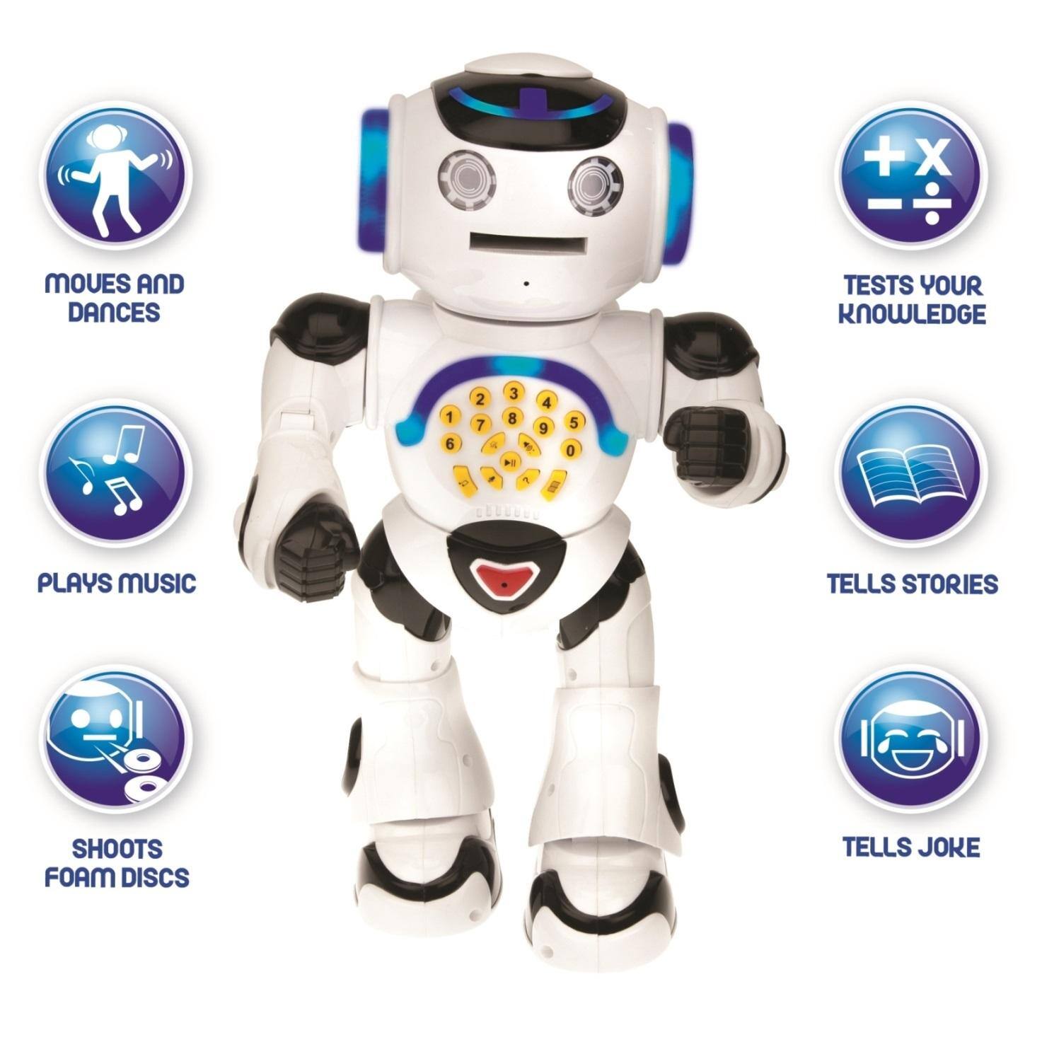 + X
MOVES AND DANCES
TESTS YOUR KNOWLEDGE
2 3 4 1 8 5 7 9 6 & 0 , ? 
PLAYS MUSIC
TELLS STORIES
SHOOTS FOAM DISCS
TELLS JOKE