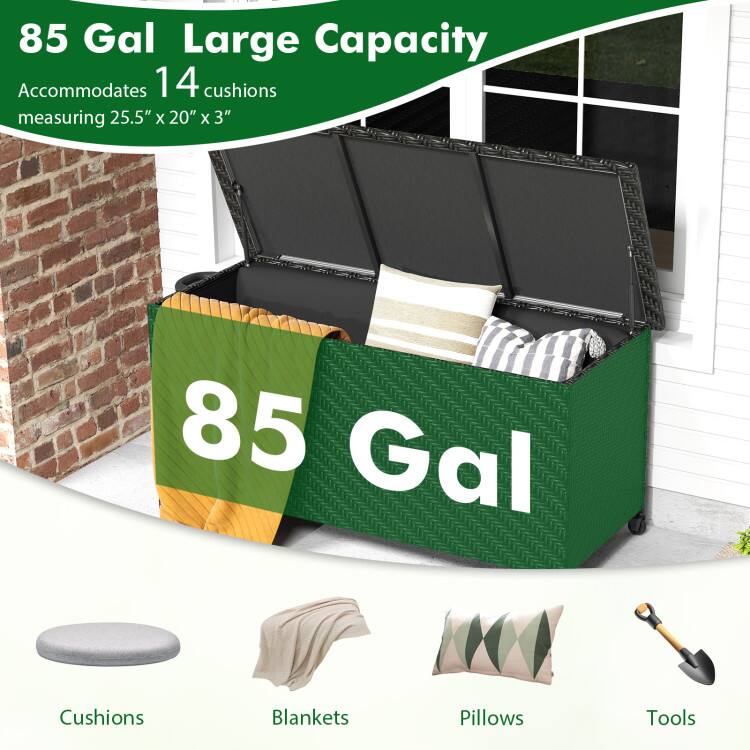 85 Gal Large Capacity  
Accommodates 14 cushions measuring 25.5" x 20" x 3"  

85 Gal  

Cushions  
Blankets  
Pillows  
Tools