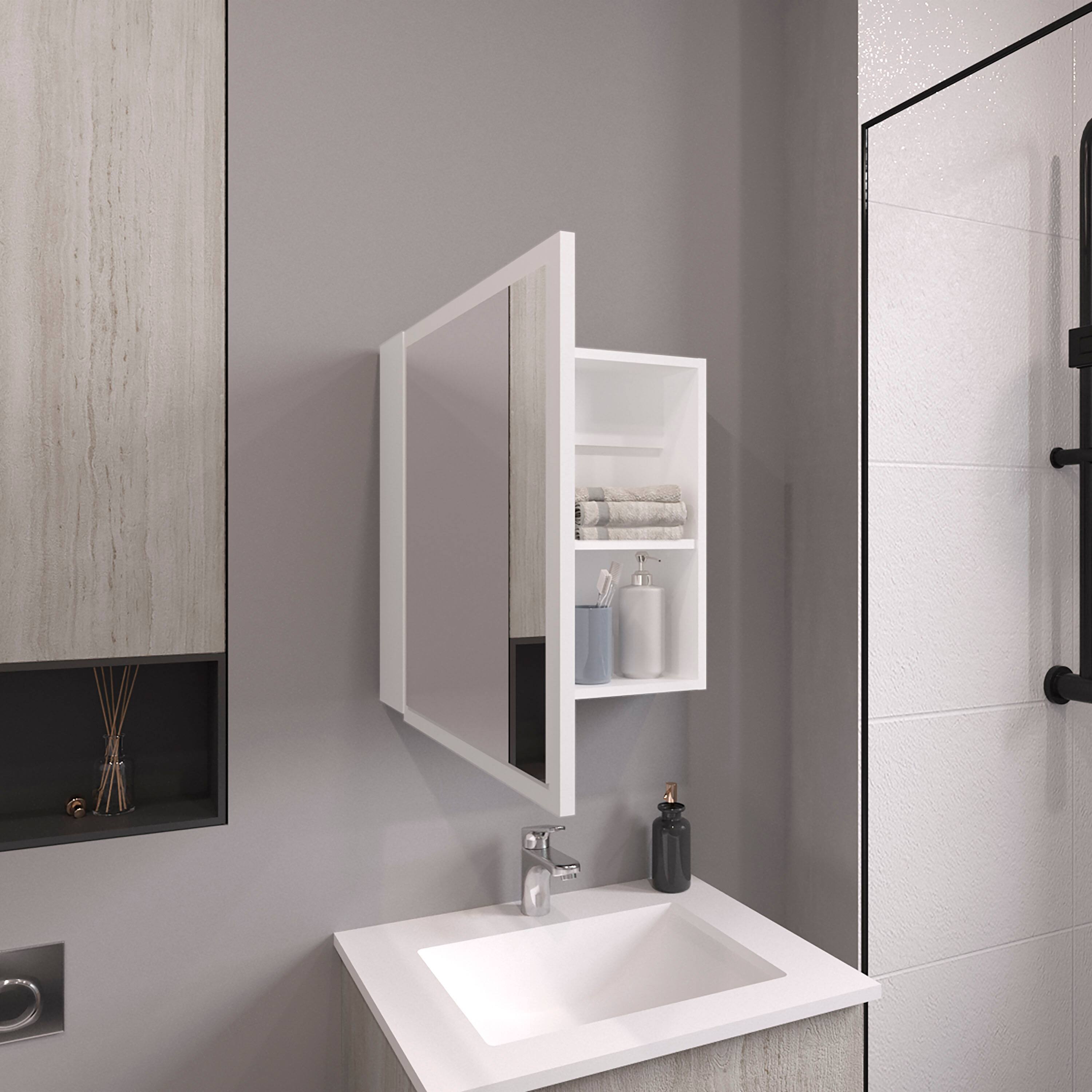 Left. TuHome - Duma 21.1" H X 19.7" W Mirror Medicine Cabinet, One Door With Four Interior Shelves For Bathroom, Kitchen - White.