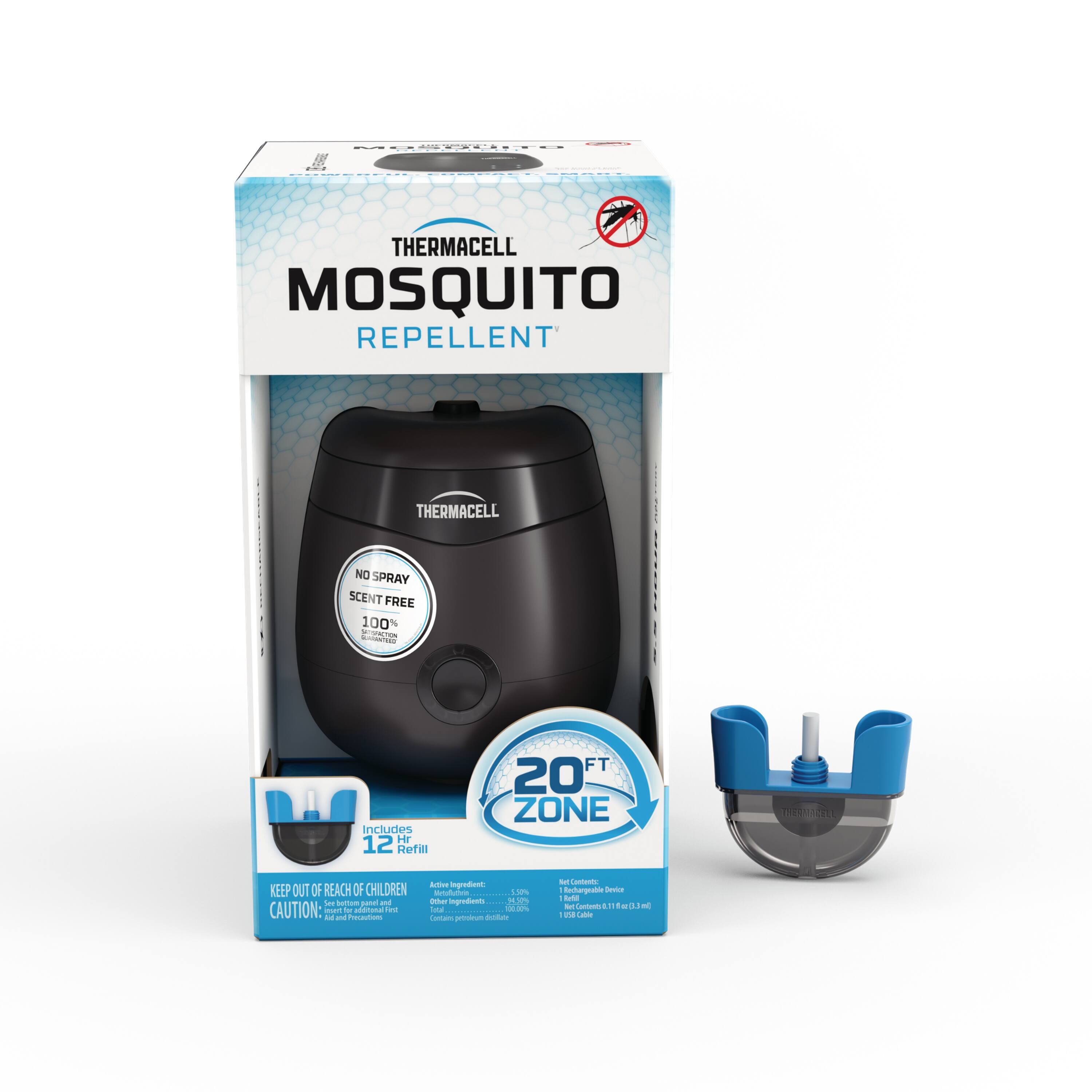 The box contains a Thermacell Mosquito Repellent, which is a portable device that uses heat to kill mosquitoes. It also includes a 12-hour refill cartridge and a 20-zone repellent. The box is designed to keep the product out of reach of children. The mosquito repellent is scent-free and has a warning label to indicate that it is not a spray product. The box also includes a small picture of the mosquito repellent device.